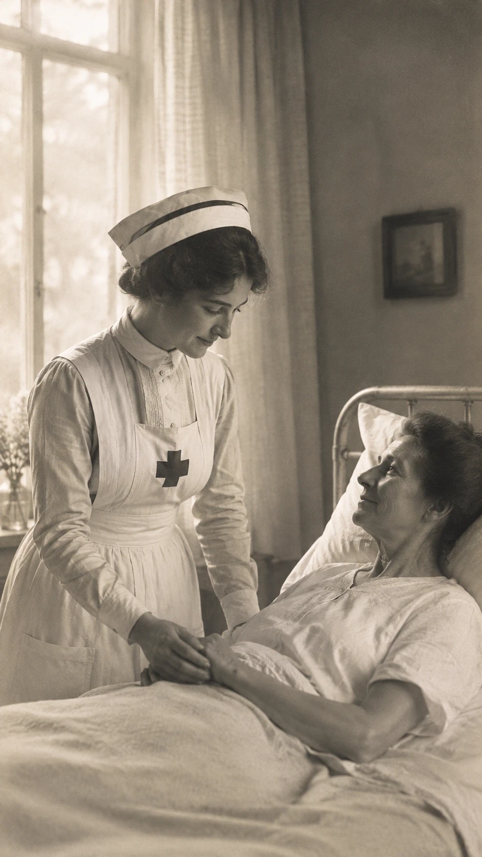 Historic photograph of a nurse caring for a patient