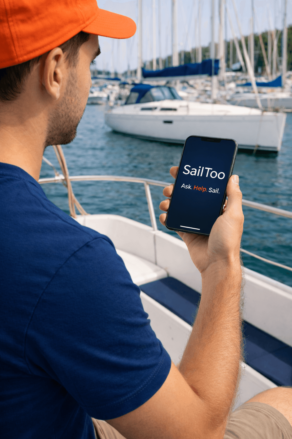 Marin qui tient son téléphone pour utiliser l'application SailToo