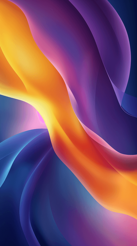 Abstract swirling colors of deep purple, orange, and blue create a dynamic, fluid background.