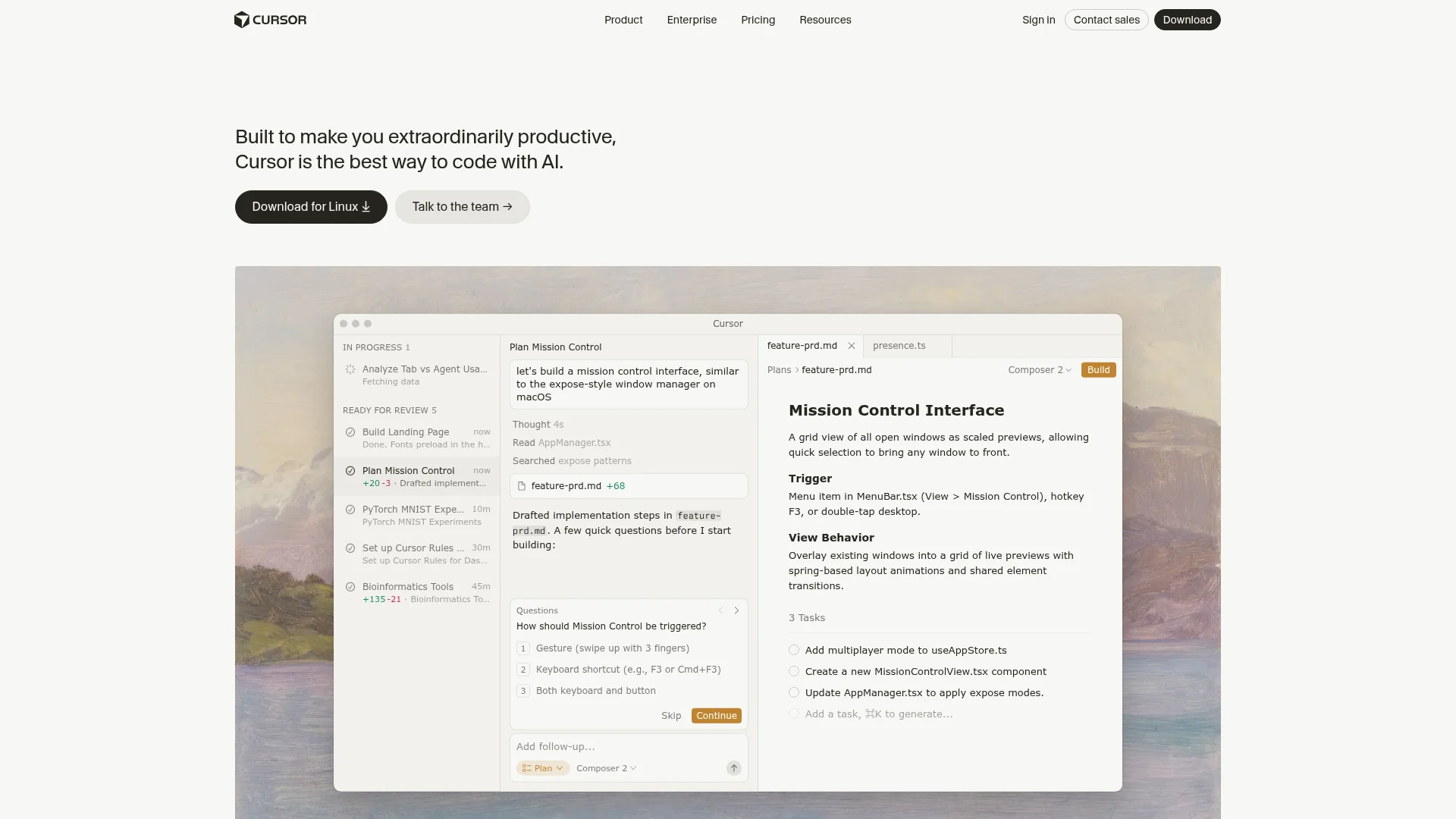 Cursor AI IDE interface showing code generation with multi-file editing and an AI agent completing a coding task