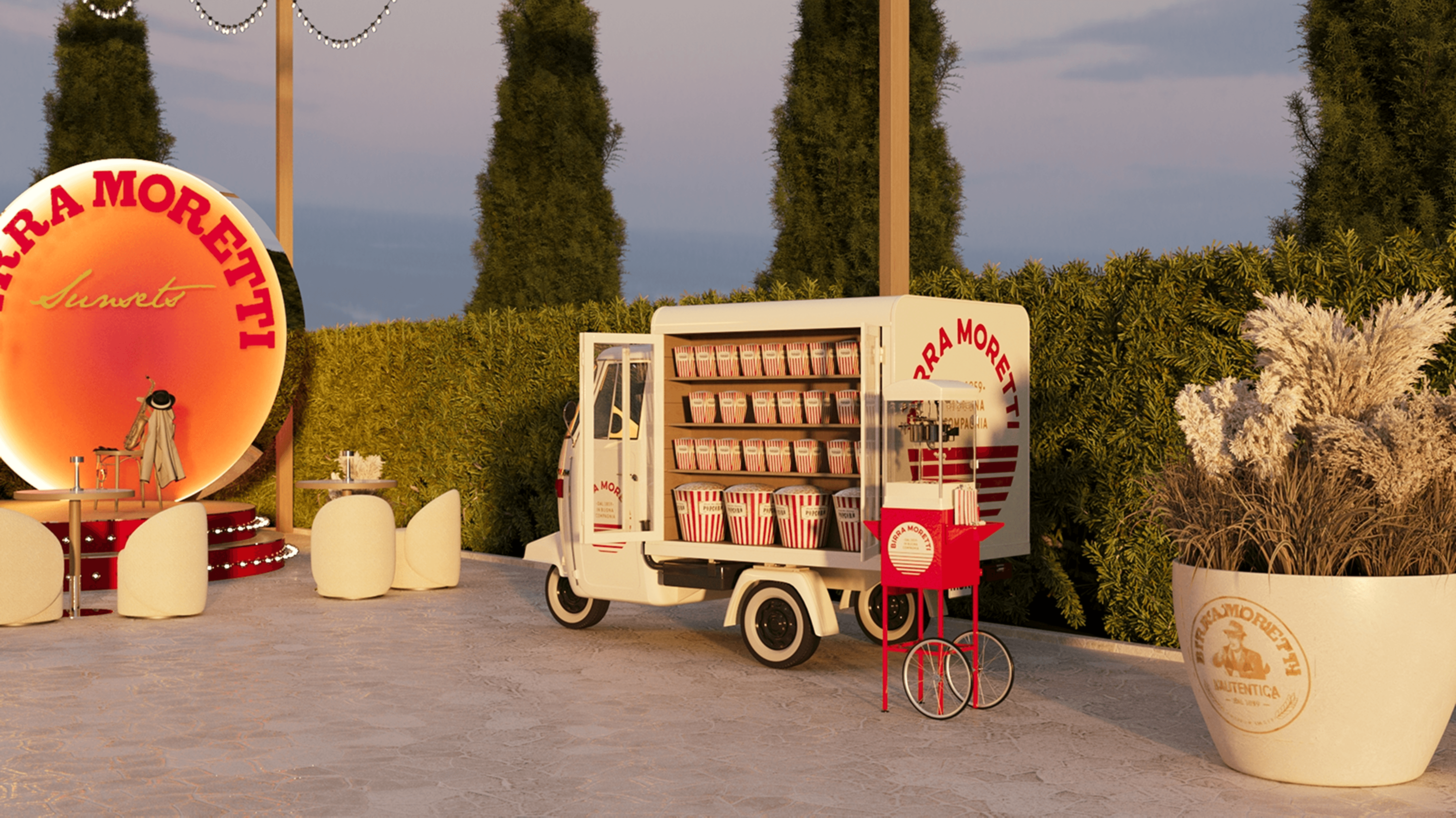 Branded mobile popcorn station created by our team for Birra Moretti Sunsets event activation