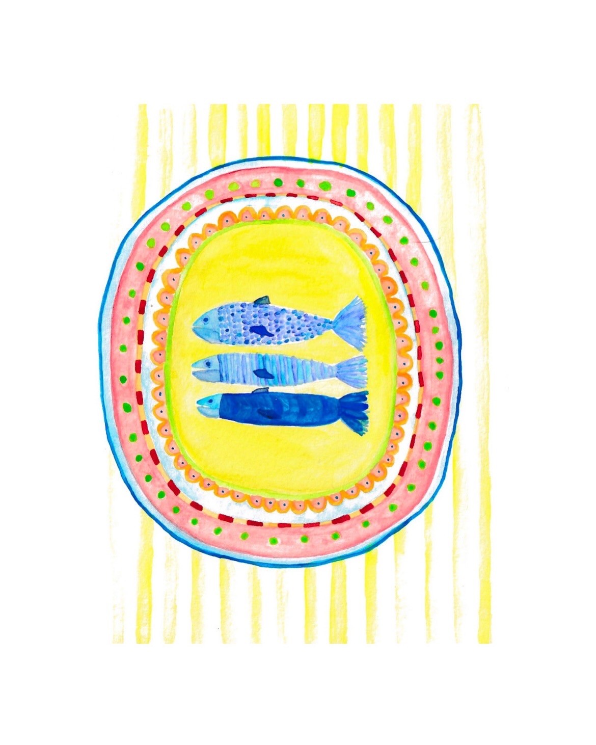 Illustration of three blue fish in a yellow ornate frame