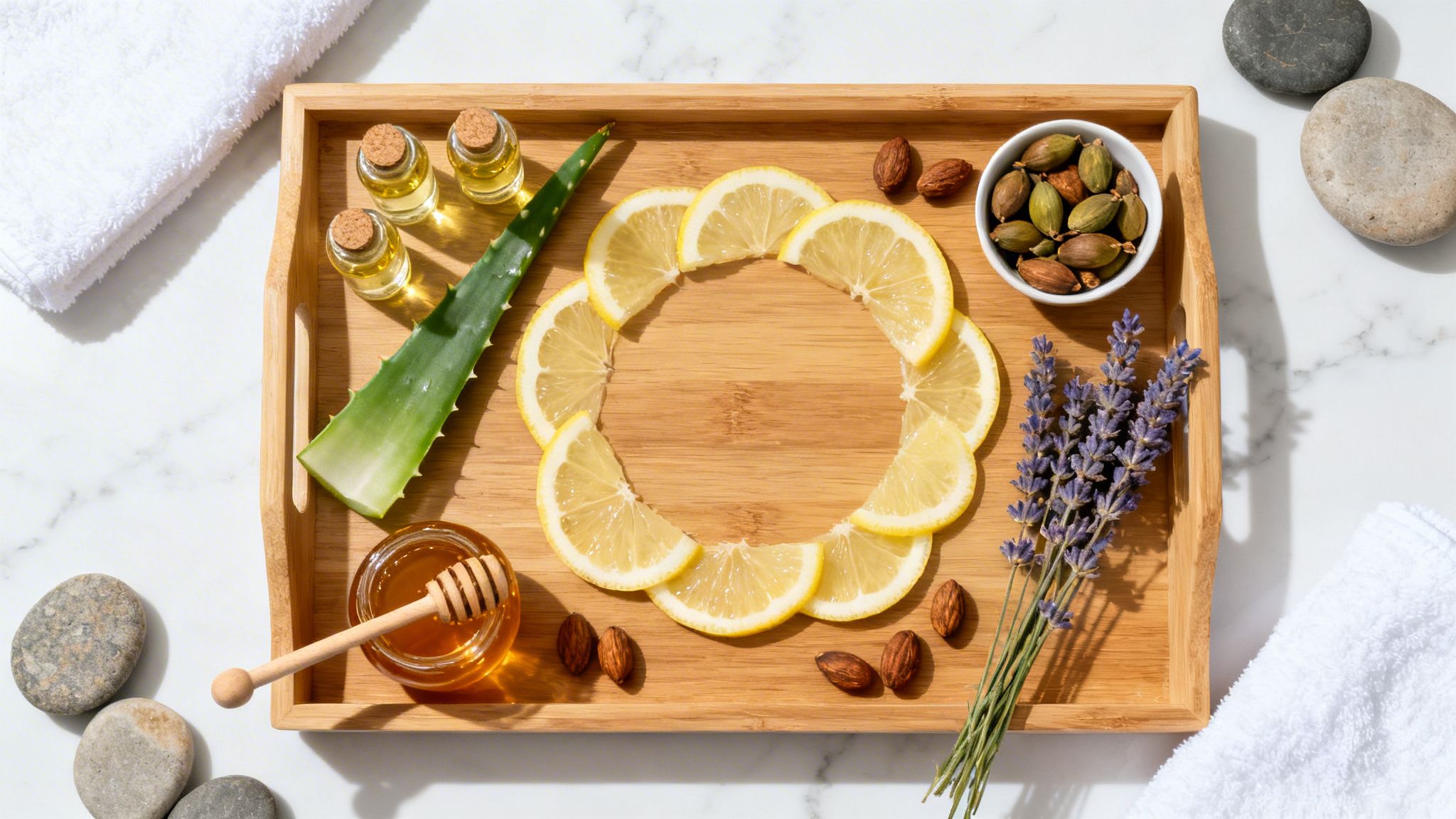 A variety of fruits and plants to help with scalp care