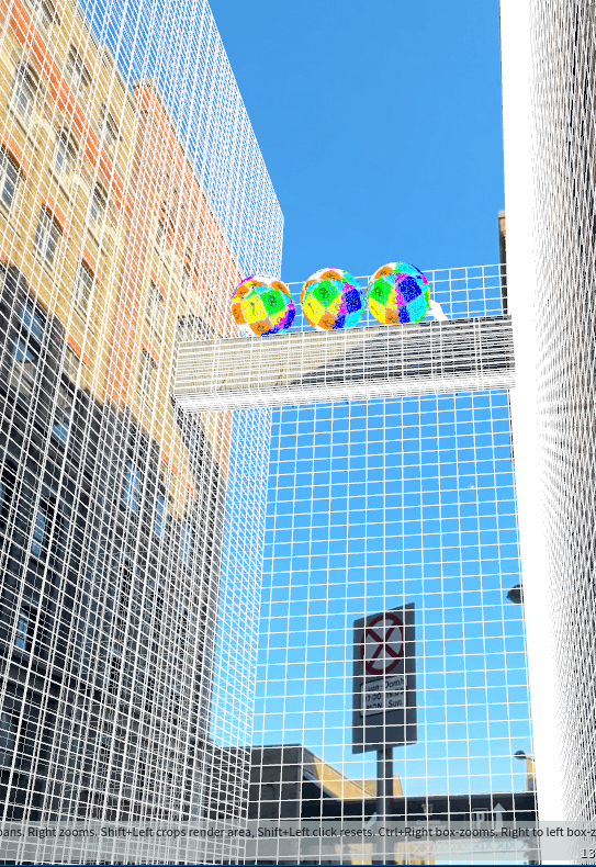 A wireframe mesh overlay demonstrates the perspective alignment for the floating bubbles on the skywalk