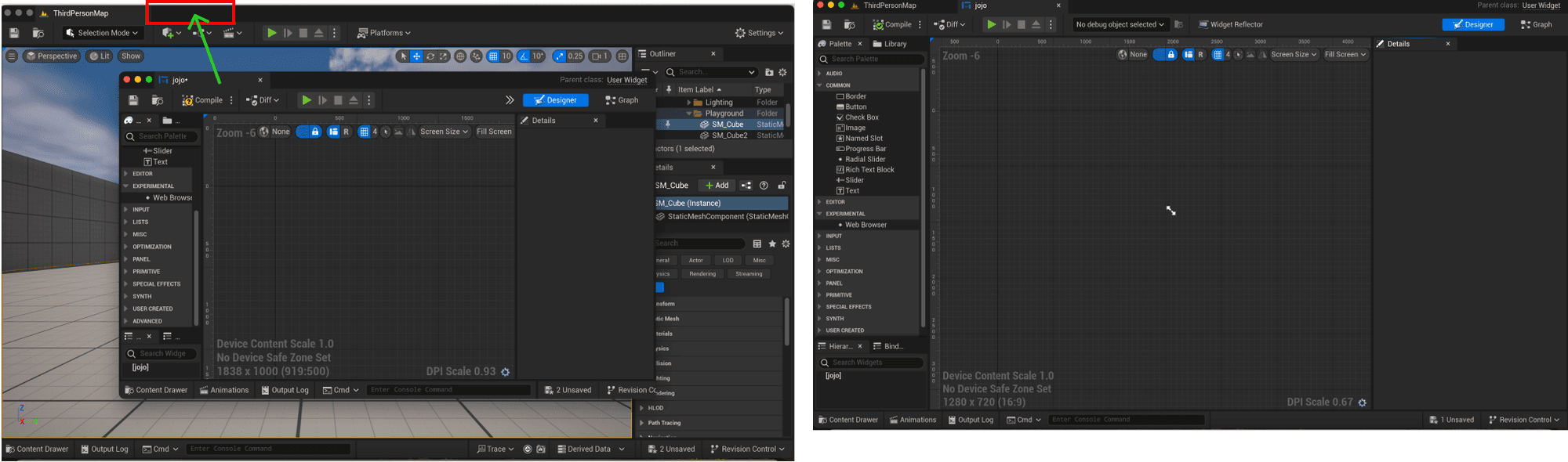 Drag the Widget Blueprint to the main tab.