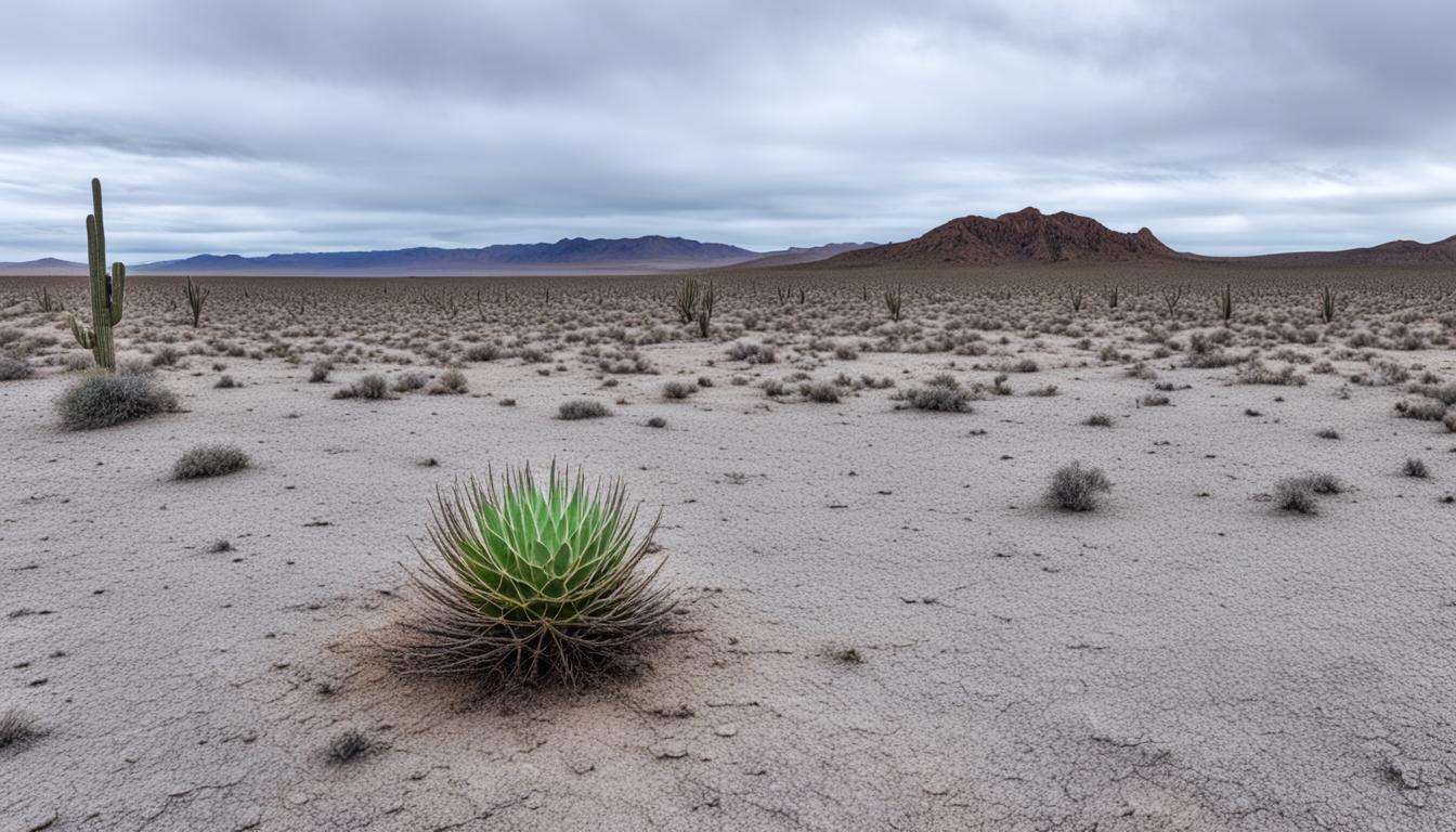 A barren desert landscape with a lone cactus in the center. The sky is overcast and grey, with no signs of life or activity in the distance. The cactus appears wilted and dry, its needles drooping down. There are no footprints or signs of movement in the sand around it.