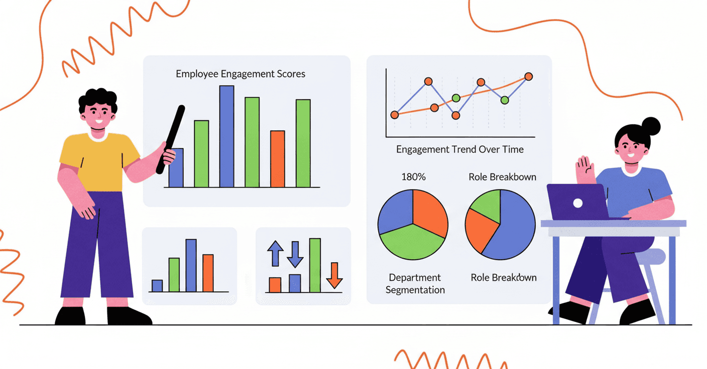 A clean, modern data visualization showing employee engagement survey analysis with colorful bar charts, line graphs showing trends over time, and pie charts representing different engagement metrics. The dashboard includes visual representations of survey data segmentation by department and role, with upward and downward trend arrows. Professional business analytics style with blue, green, and orange accent colors on a light background.