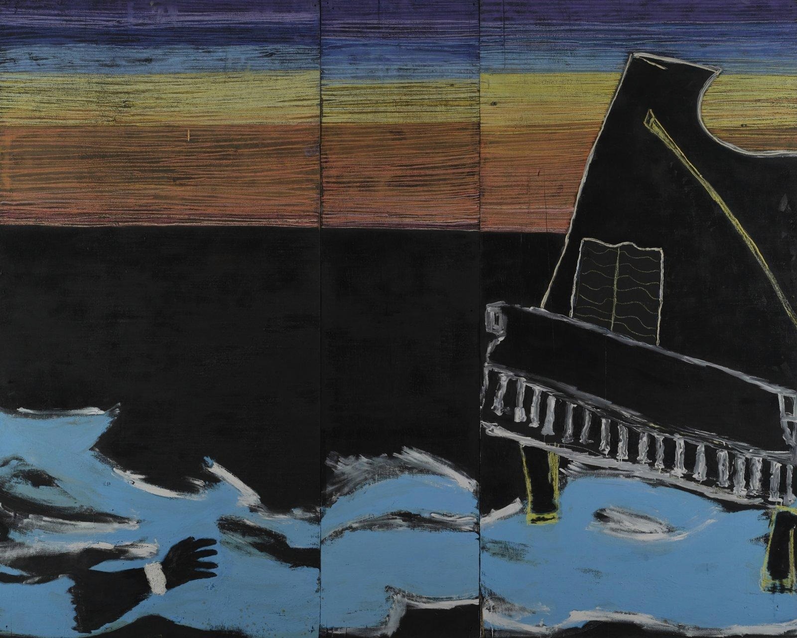 Gabriel Selassie Tsagli, Blue notes, 2026, Pastel, wall colour and oil on wood, 245 x 305 cm. Courtesy of the Artist and Gallery 1957. Photo Nii Odzenma