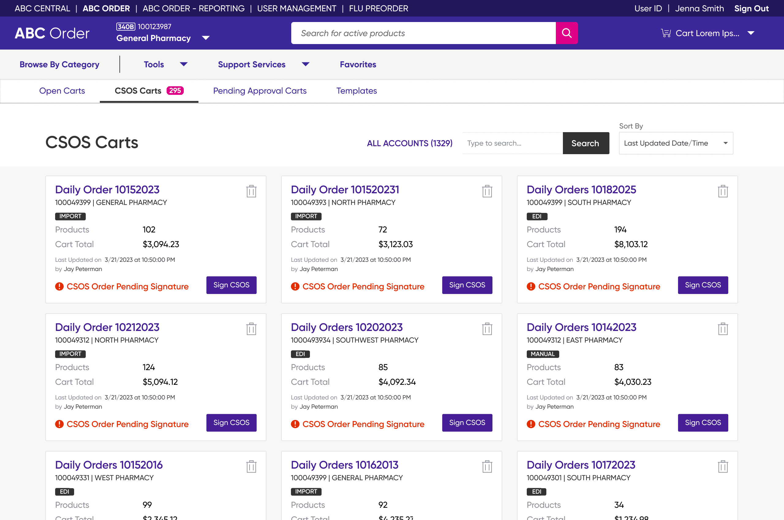 The previous CSOS queue: a card grid with one signature per cart.