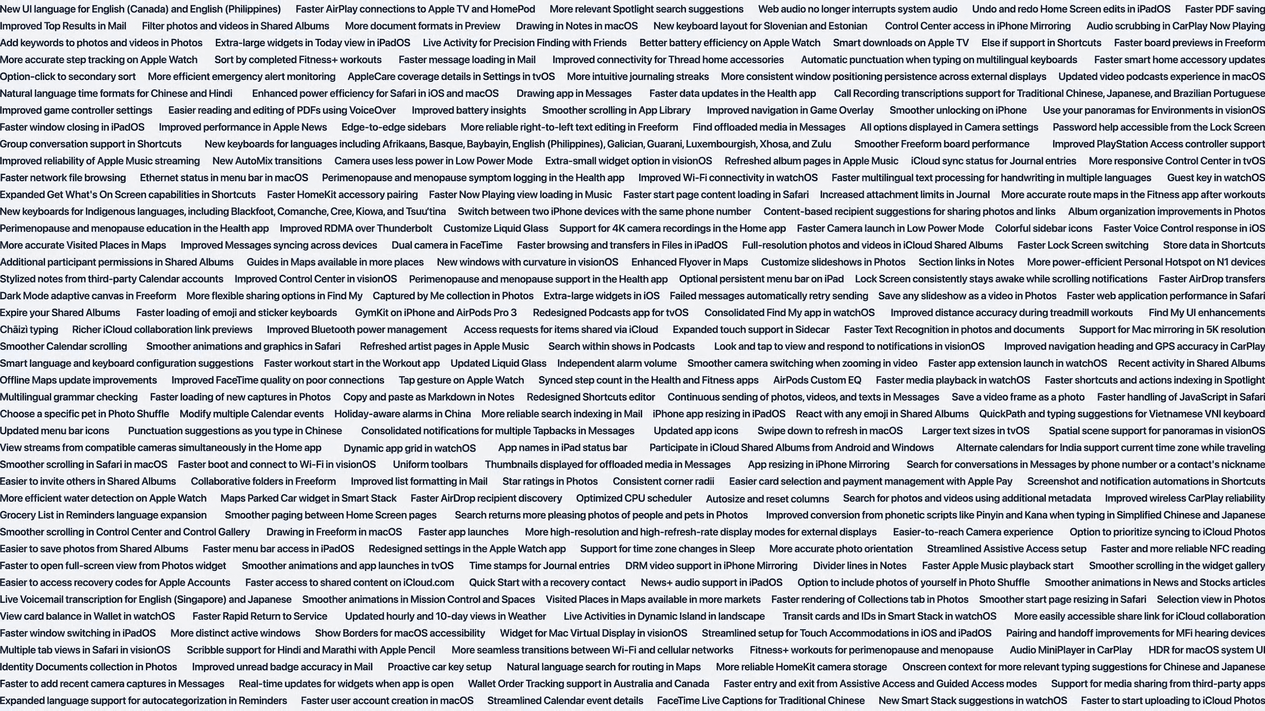 The image is a densely packed collage of overlapping text blocks with keywords and phrases related to technology and app development, likely reflecting updates or features from WWDC 26.