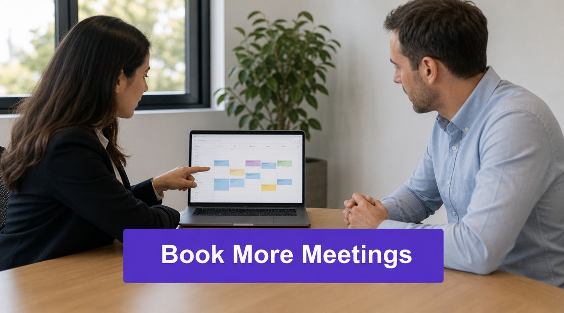 A professional woman showing a digital calendar on a laptop to a man in a business meeting.