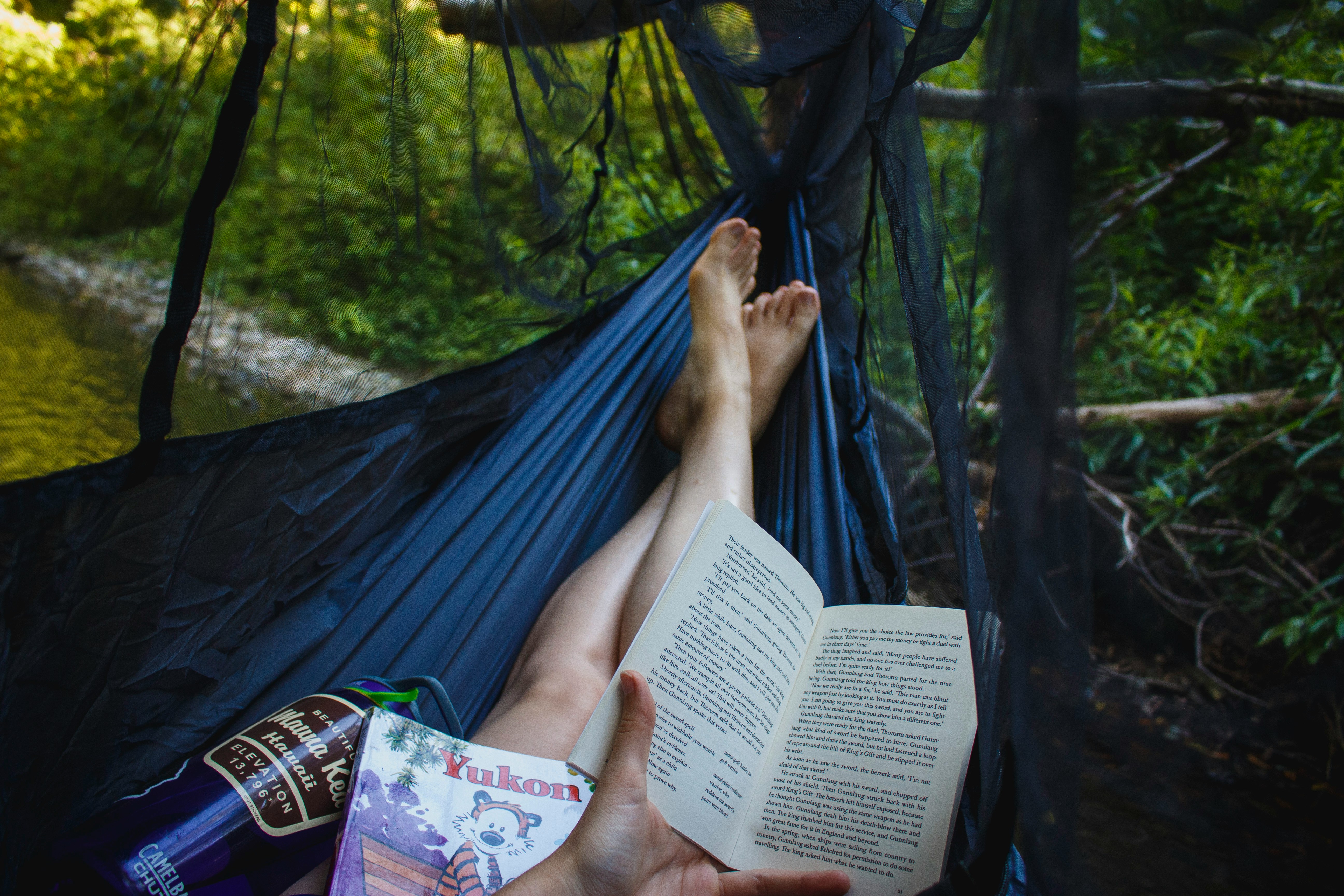 Hammock hanging between trees beside calm green water