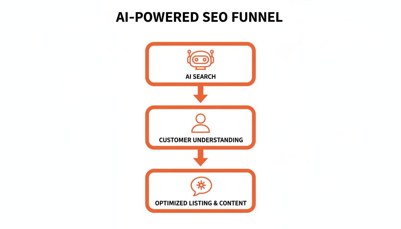 A diagram illustrating an AI-powered SEO funnel with steps: AI search, customer understanding, and optimized listing & content.