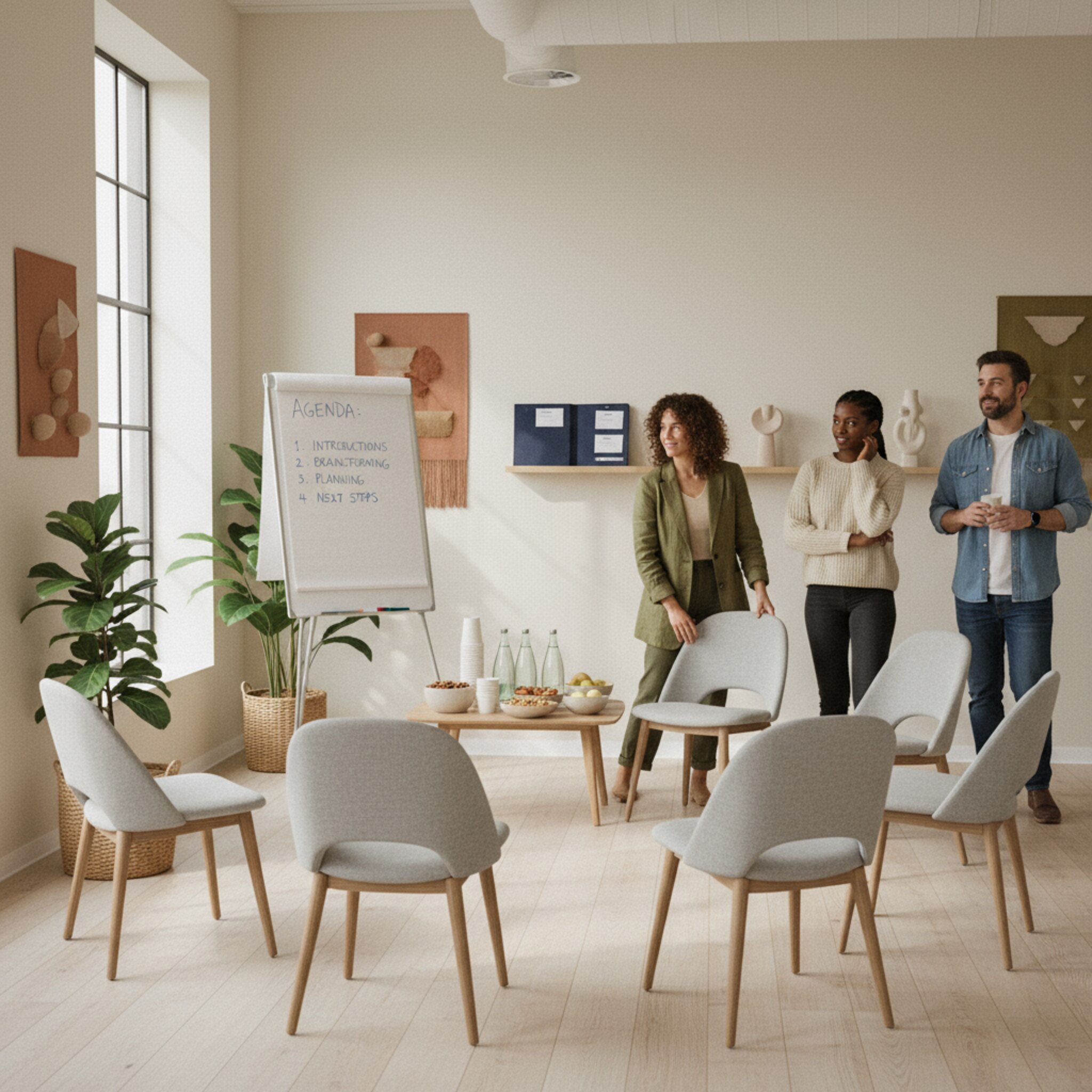 Ein mittelgroßer Raum ist für einen Workshop vorbereitet: Ein Kreis aus Stühlen, ein Flipchart mit sauberer Agenda und ein Tisch mit Wasser, Bechern und kleinen Snacks. An der Wand liegt eine dezente Mappe mit Namensschildern. Die Stimmung ist professionell und einladend.