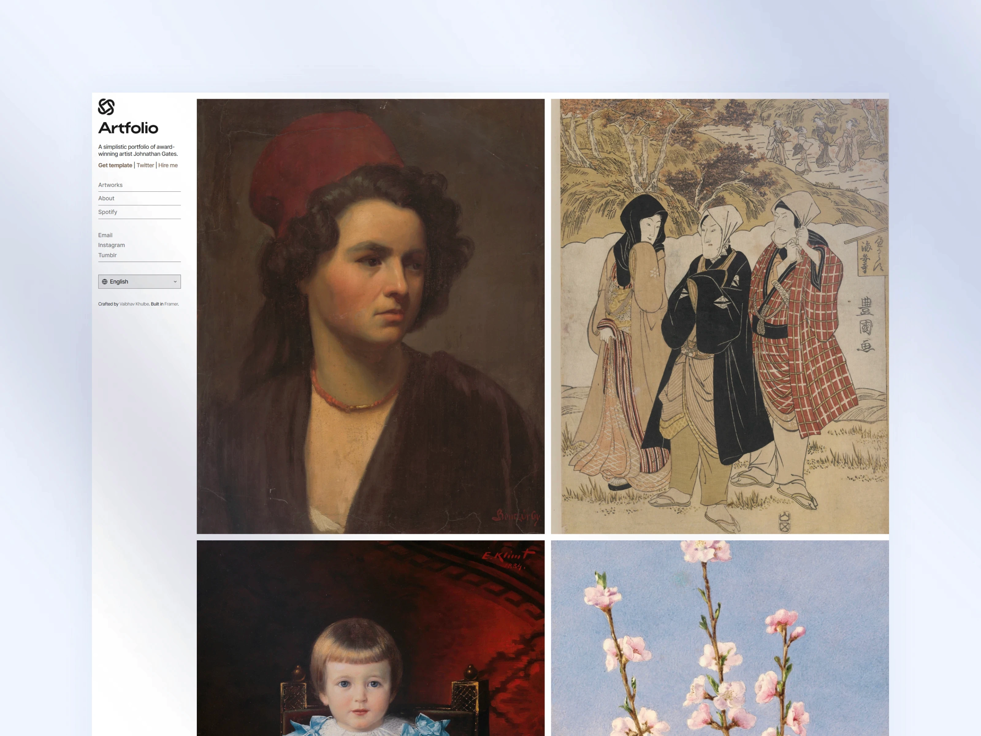 Artist portfolio website with sidebar navigation and classical painting artwork grid gallery