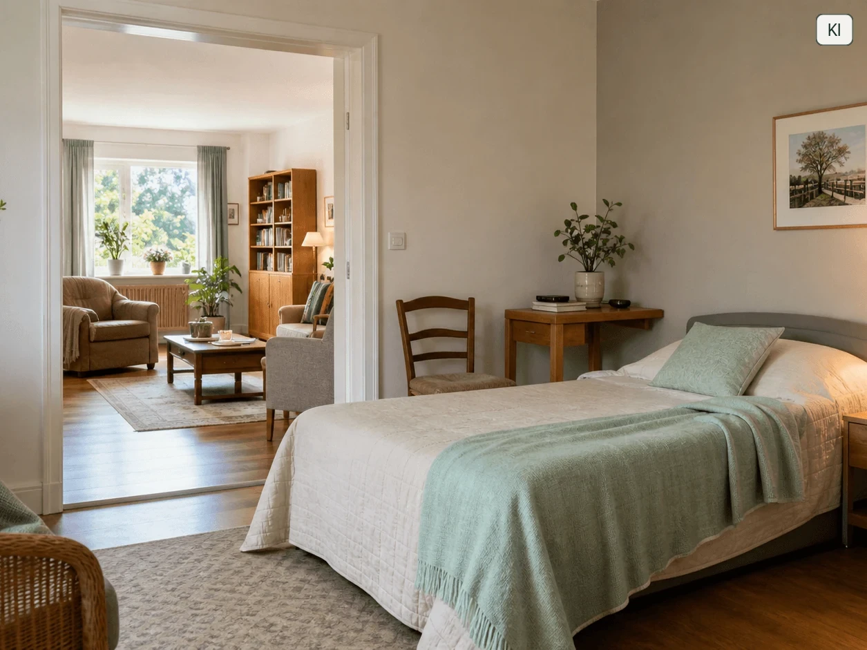 Ein vorbereitetes privates Zimmer mit offenem Übergang in einen wohnlichen Gemeinschaftsbereich.