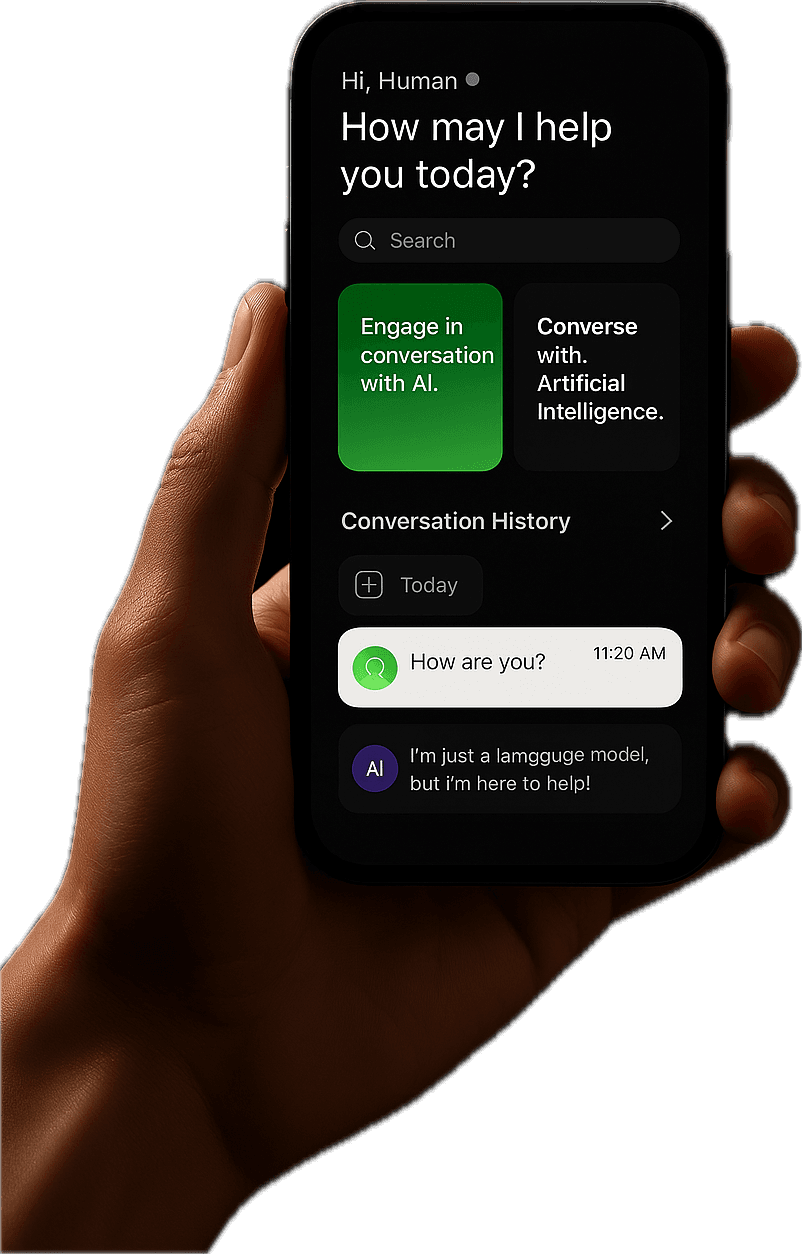 A hand holding a phone with AI chat interface