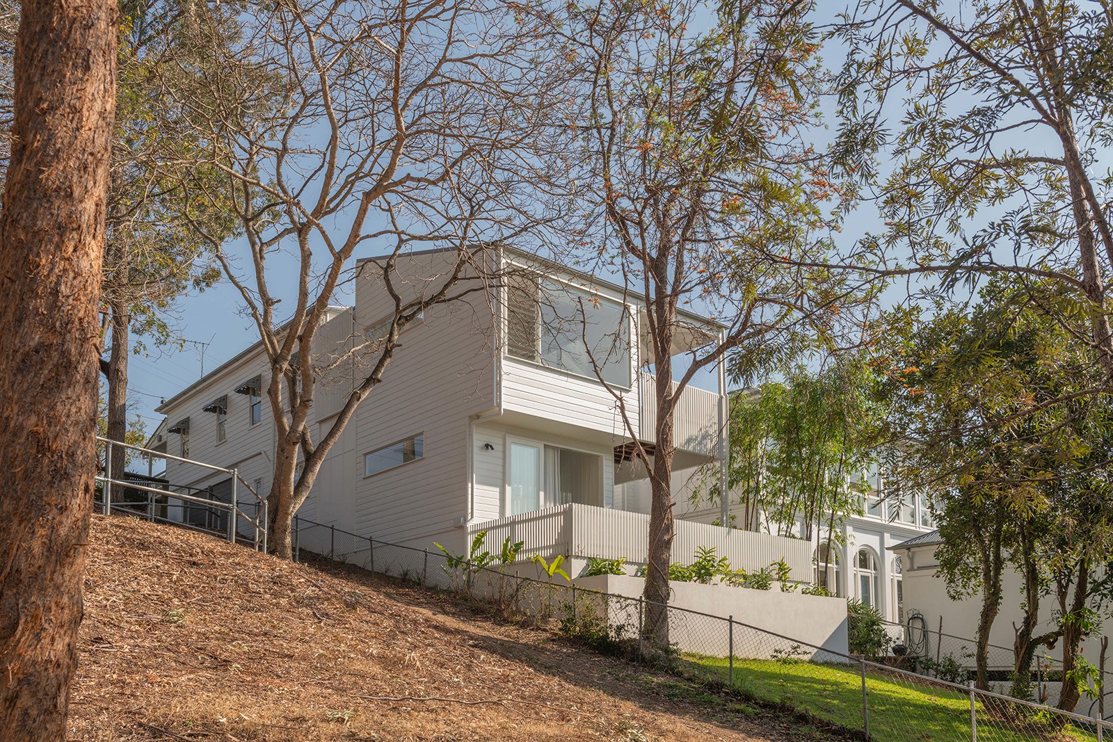 Rear elevation of a Queenslander home set into a sloping, tree-lined site with stepped garden levels.