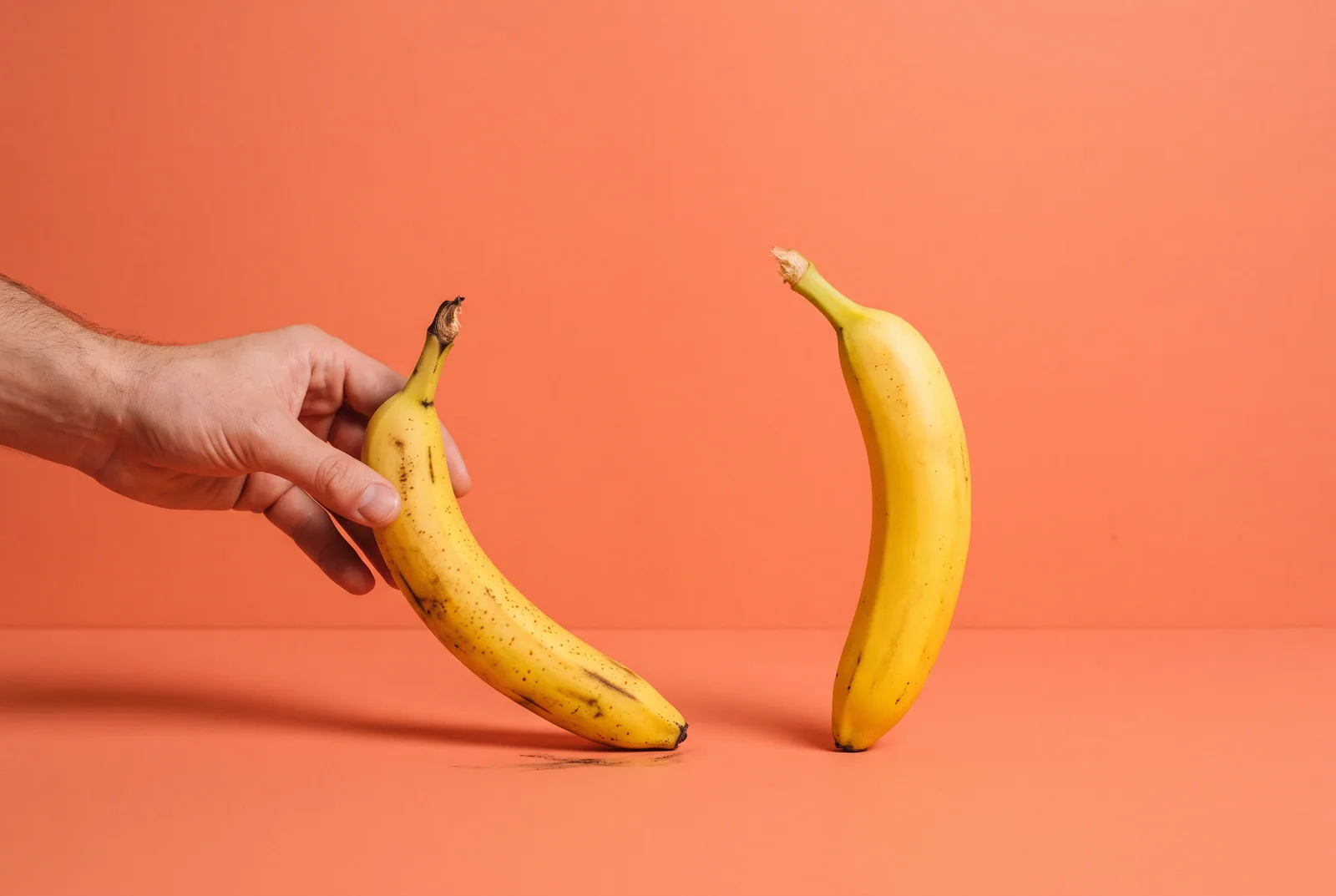 Accountability partner after a porn relapse concept: a cropped hand helping a toppled banana stand back up on a coral backdrop