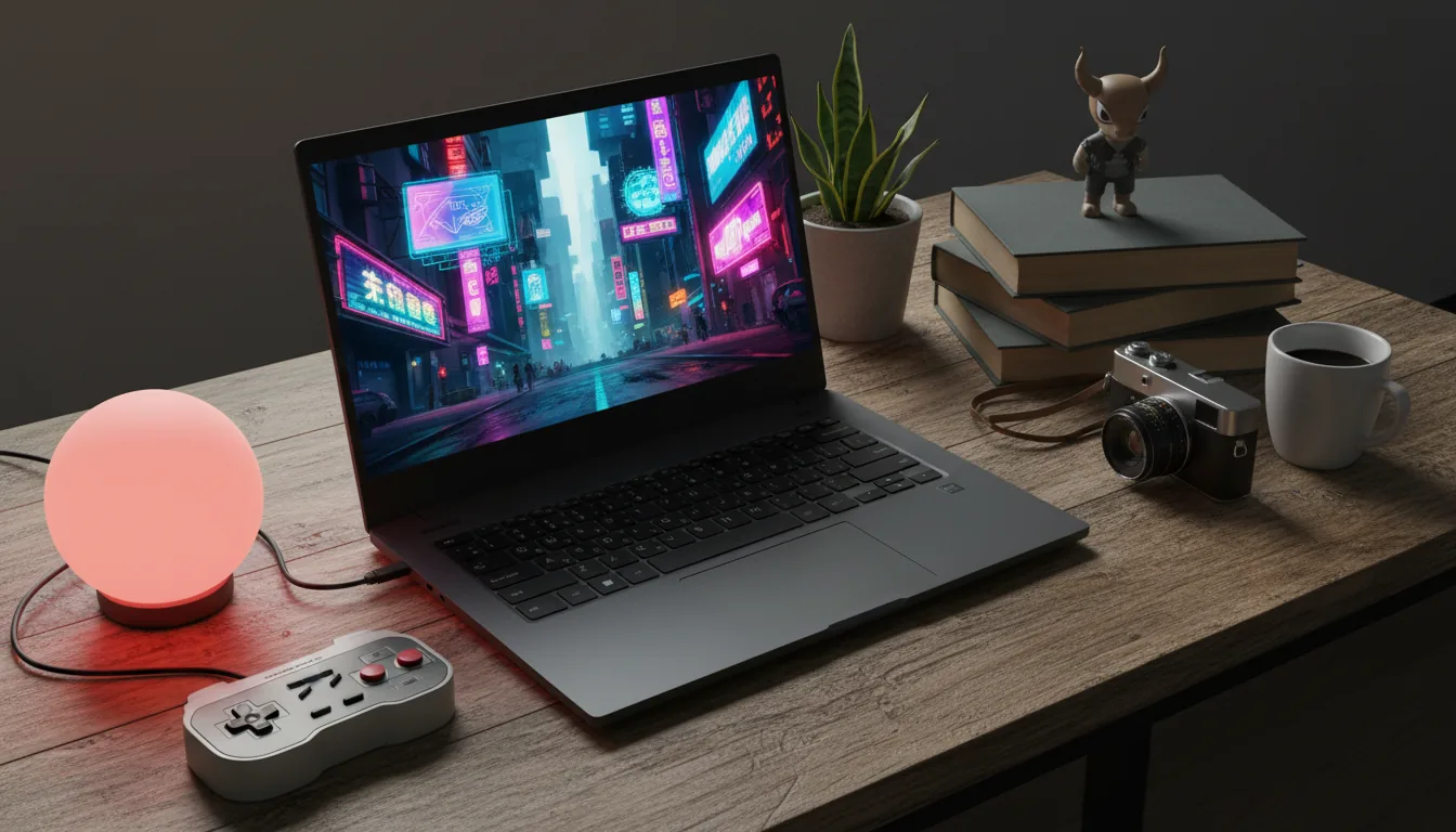 DSLR photograph, high-angle shot of a dark grey gaming laptop open on a rustic, reclaimed wood desk. The laptop screen brightly displays a vibrant, neon-lit cyberpunk video game scene. The desk is arranged with tech and personal items: a small spherical lamp casting a warm red glow, a retro gaming controller, a vintage camera, a white coffee mug, a small potted snake plant, and a stack of books with a vinyl toy figure on top. The scene is illuminated with soft natural daylight, creating a moody and professional atmosphere with sharp focus and detailed textures.