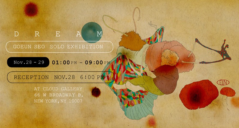 A colorful painting that represents a boy sleeping on some fluffy pillow and colorful mattress. On the poster there is the title: DREAM Goeun Seo Solo Exhibition.