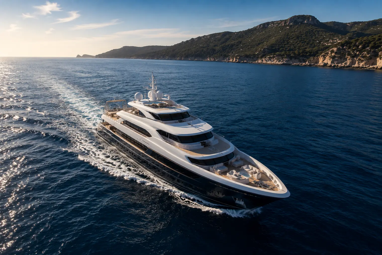 Aerial drone view of a luxury superyacht cruising along a natural Mediterranean coastline.