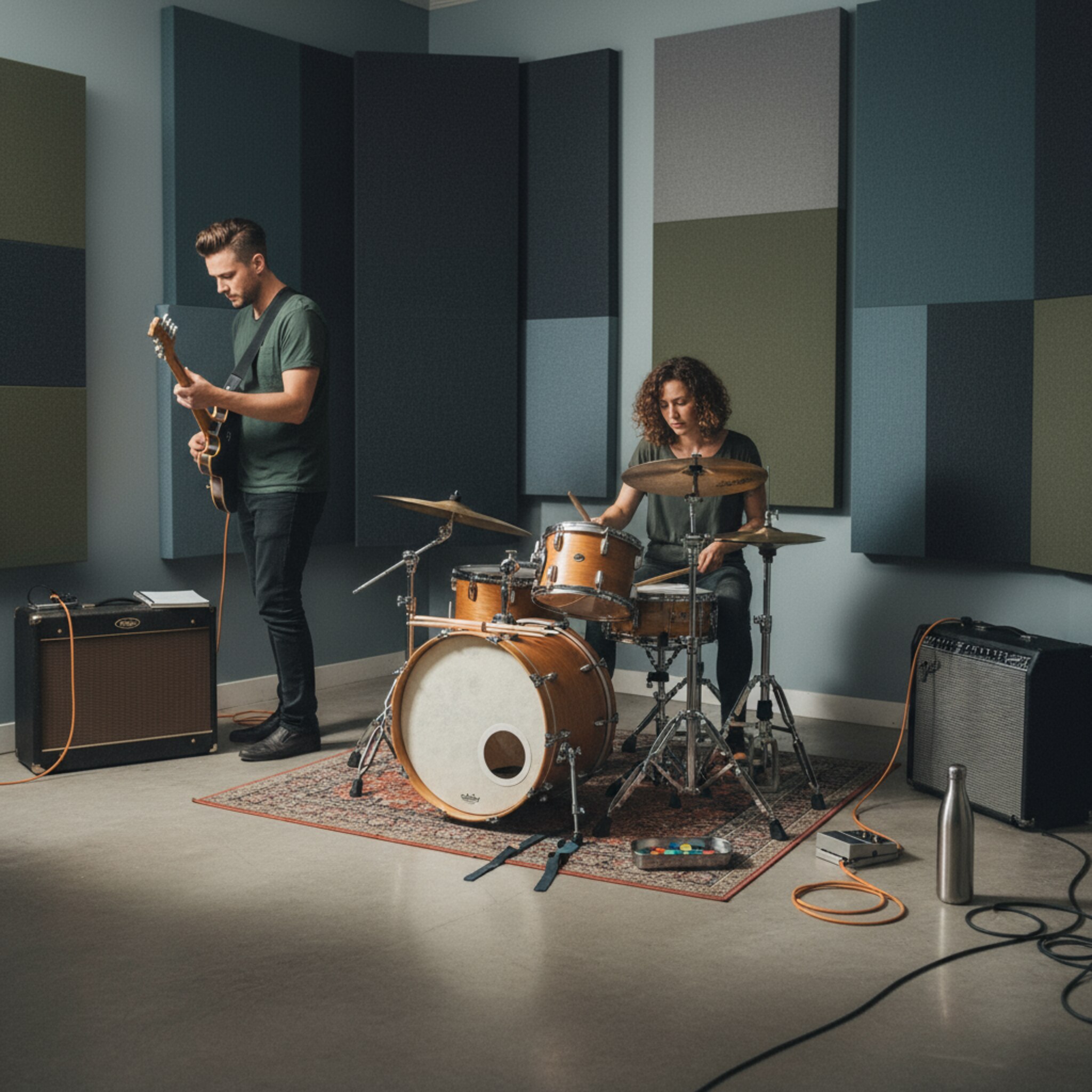 Ein gedämmter Proberaum mit Drumset, Bass- und Gitarrenamps. Warmes Licht spiegelt auf den Becken, während ein Gitarrist den letzten Akkord stimmt und der Drummer die Snare nachzieht. Kabel liegen ordentlich, ein Notizblock auf dem Amp. Der Raum wirkt konzentriert, bereit für eine dichte Session.
