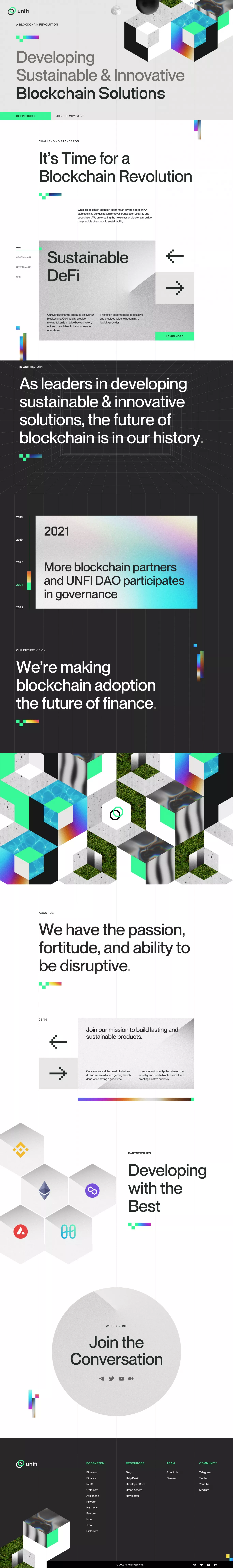 Unifi Protocol → Blockchain Solutions landing page screenshot showcasing Tech and Finance design