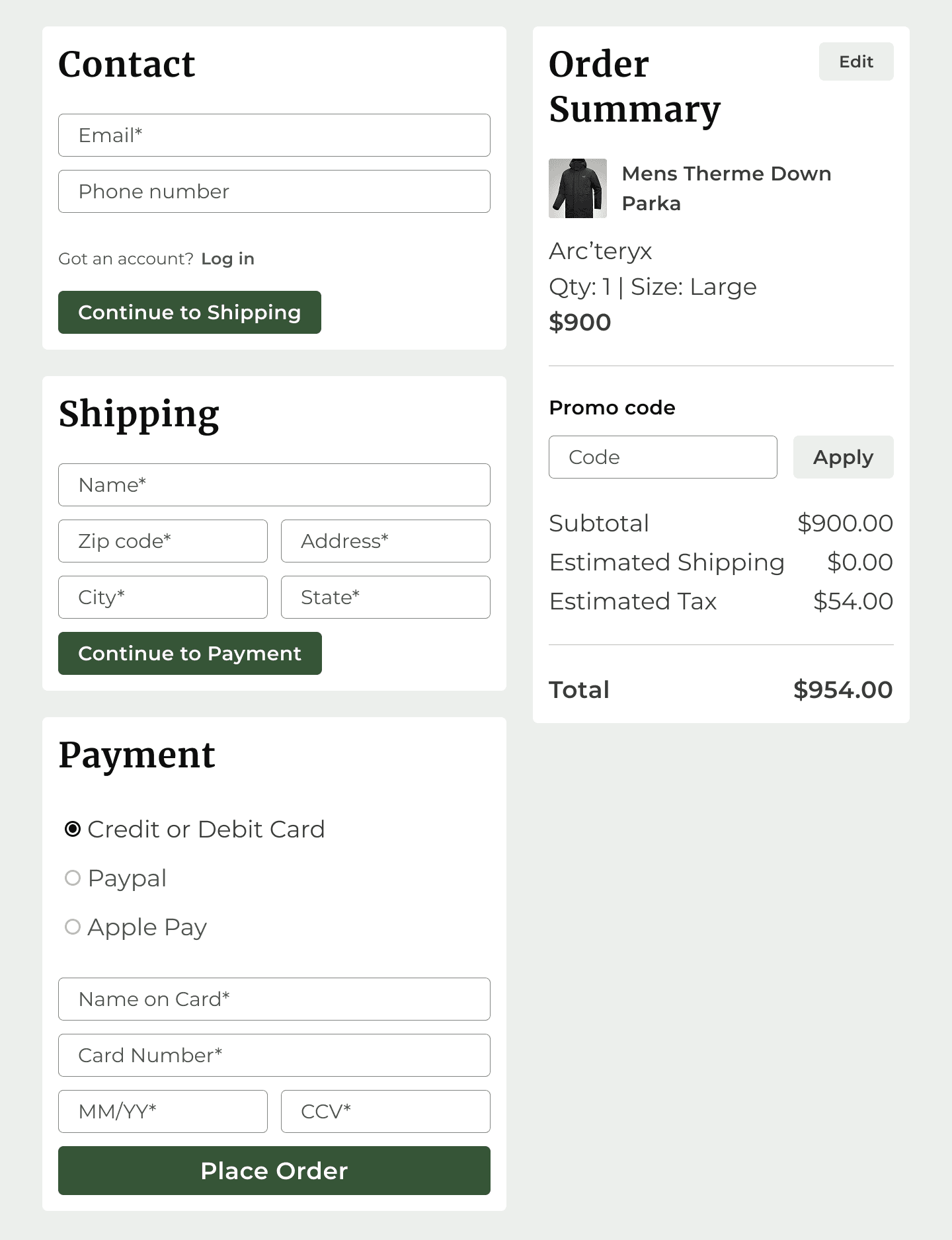 4 primary checkout frames to place an online order