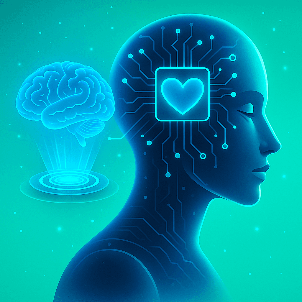 Futuristische Illustration eines menschlichen Kopfes mit leuchtendem Herz-Chip und holografischem Gehirn – Symbol für künstliche Intelligenz, Technologie und Liebe im digitalen Zeitalter.