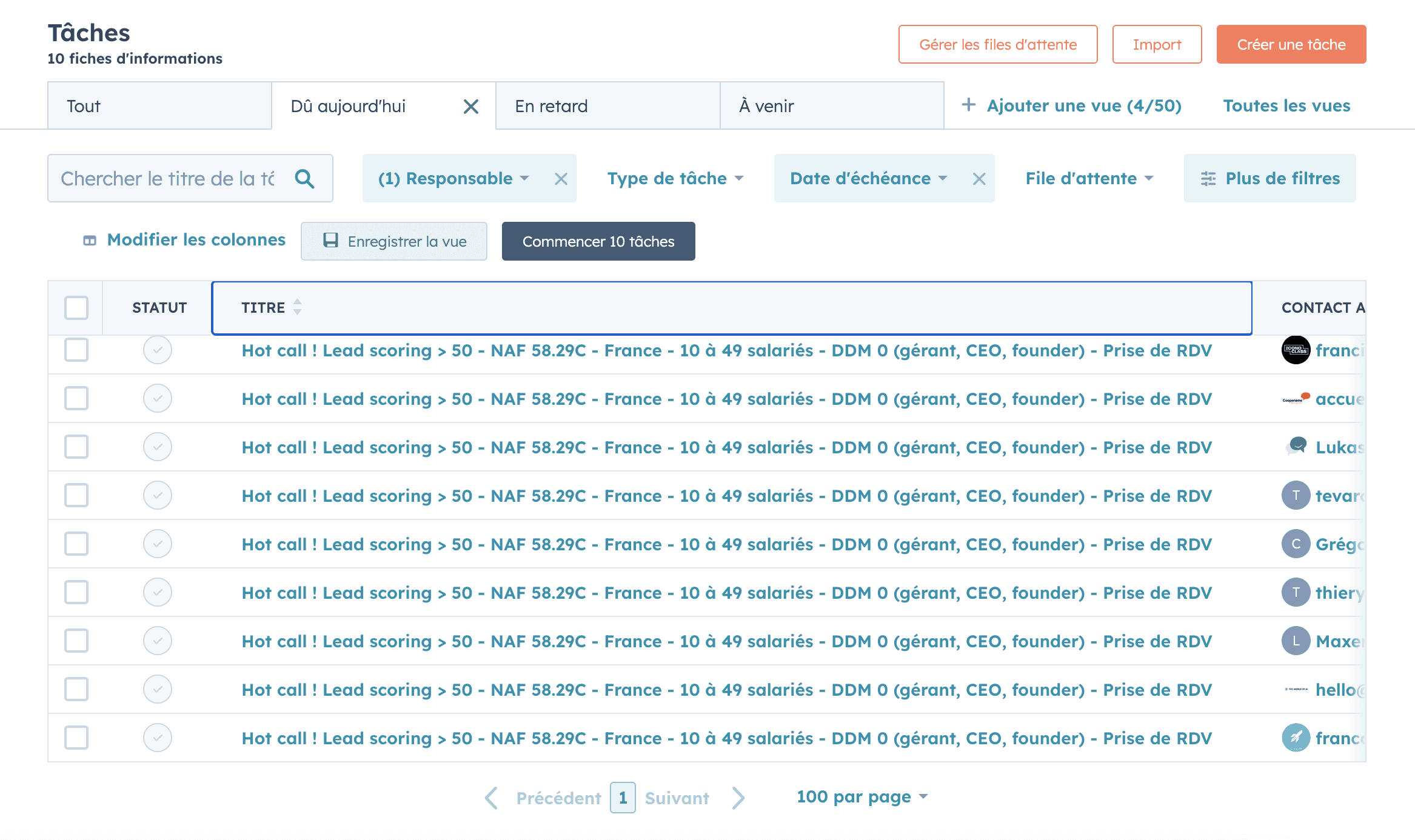 Hubspot : liste de tâches suite au lead scoring des leads de la séquence LaGrowthMachine