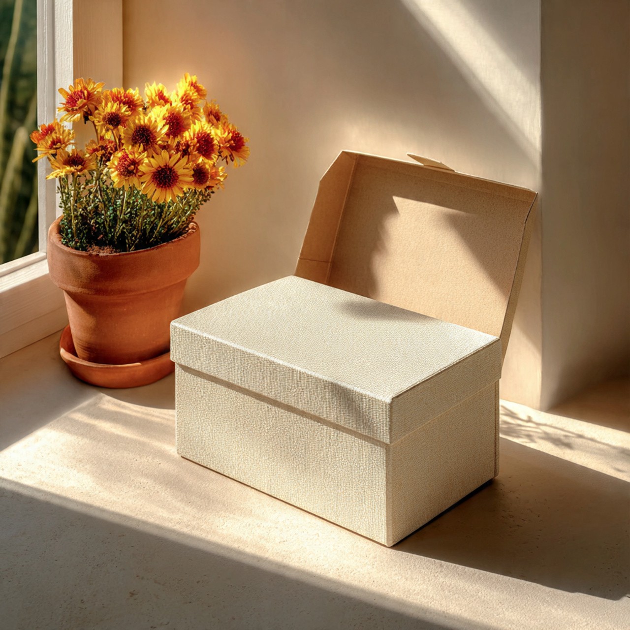 Sunlit scene with a closed beige gift box and vibrant orange-yellow flowers in a terracotta pot on a windowsill, casting soft shadows. Calm and inviting