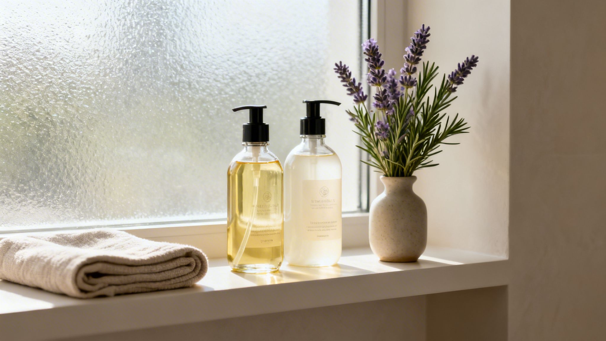 Two bottles of natural liquid soap, a folded towel, and lavender flowers on a sunny shelf.