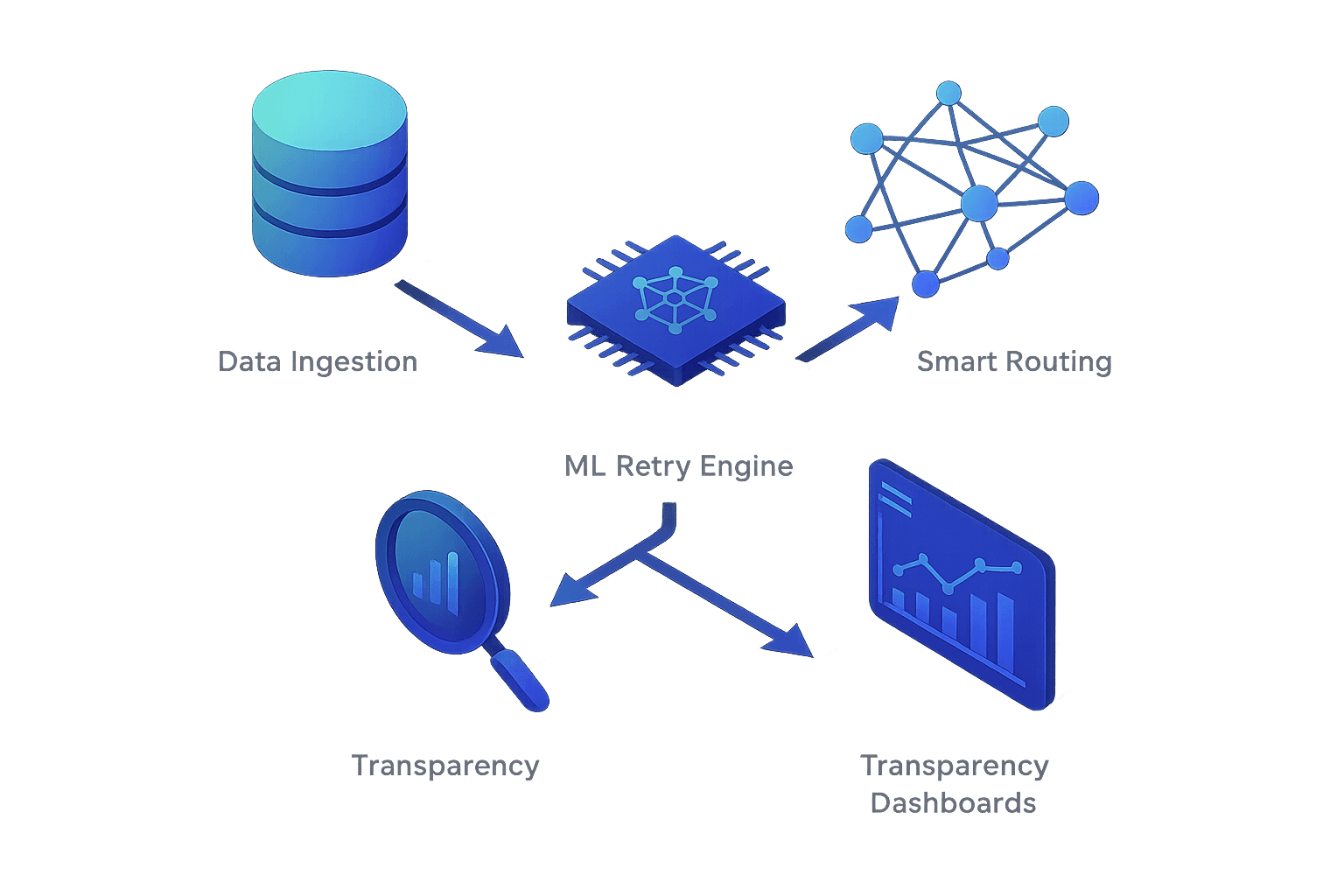 Four-module pipeline depicting data ingestion, ML engine, smart routing, and analytics flow