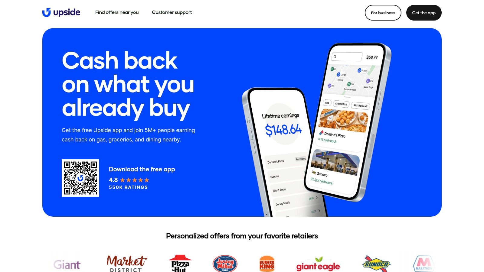 Upside app interface showing local offers