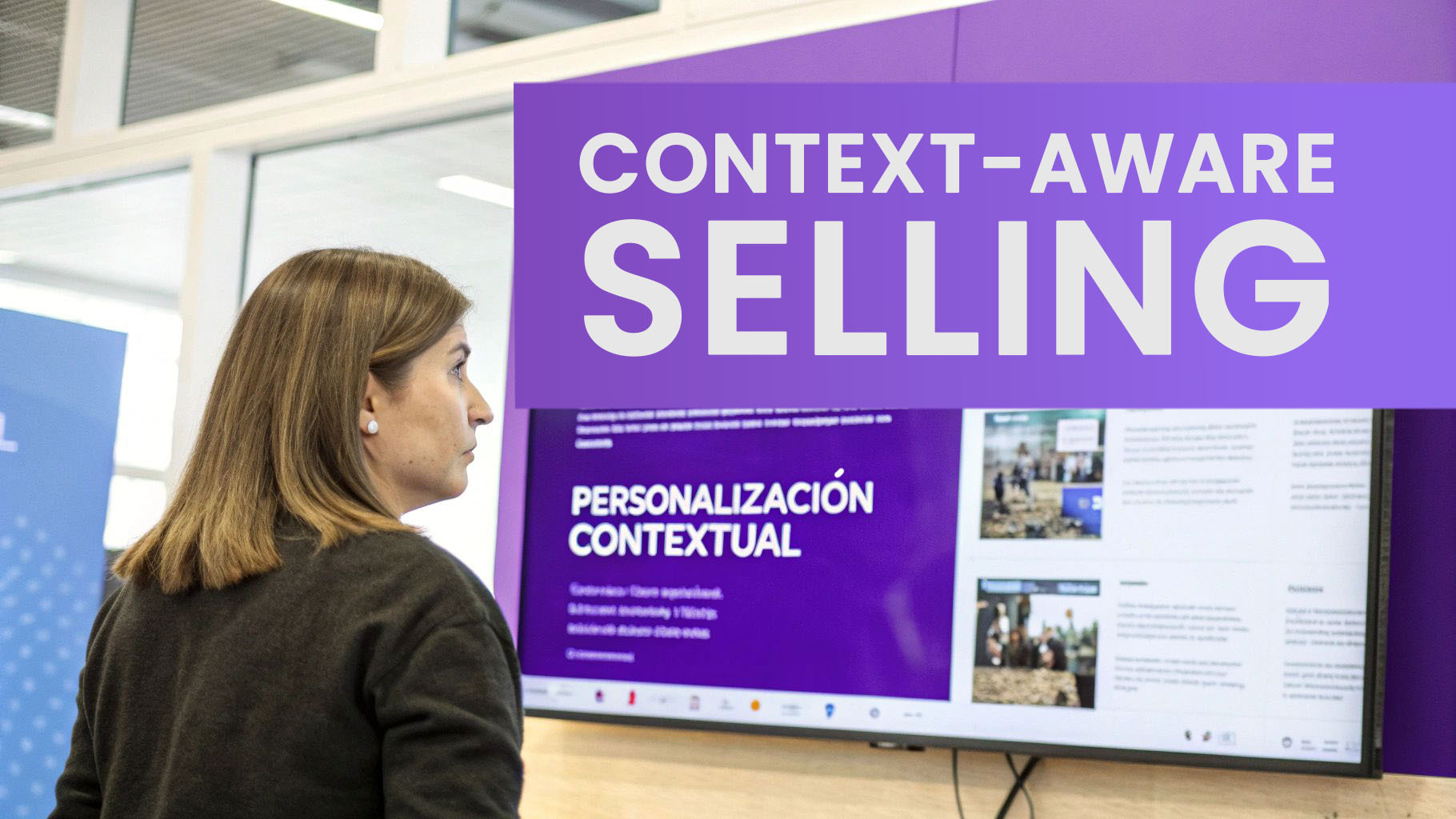 Mujer observando presentación sobre personalización contextual en pantalla digital corporativa durante reunión de negocios