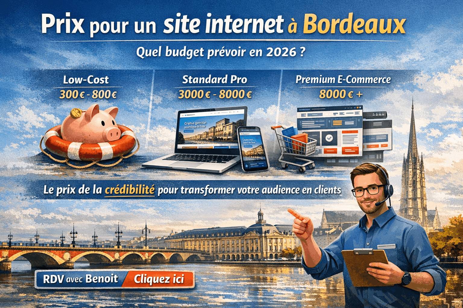 Prix pour un site internet à Bordeaux en 2026 : illustration des budgets low-cost, site vitrine professionnel et e-commerce premium, avec repères de prix et appel à rendez-vous avec Benoit.