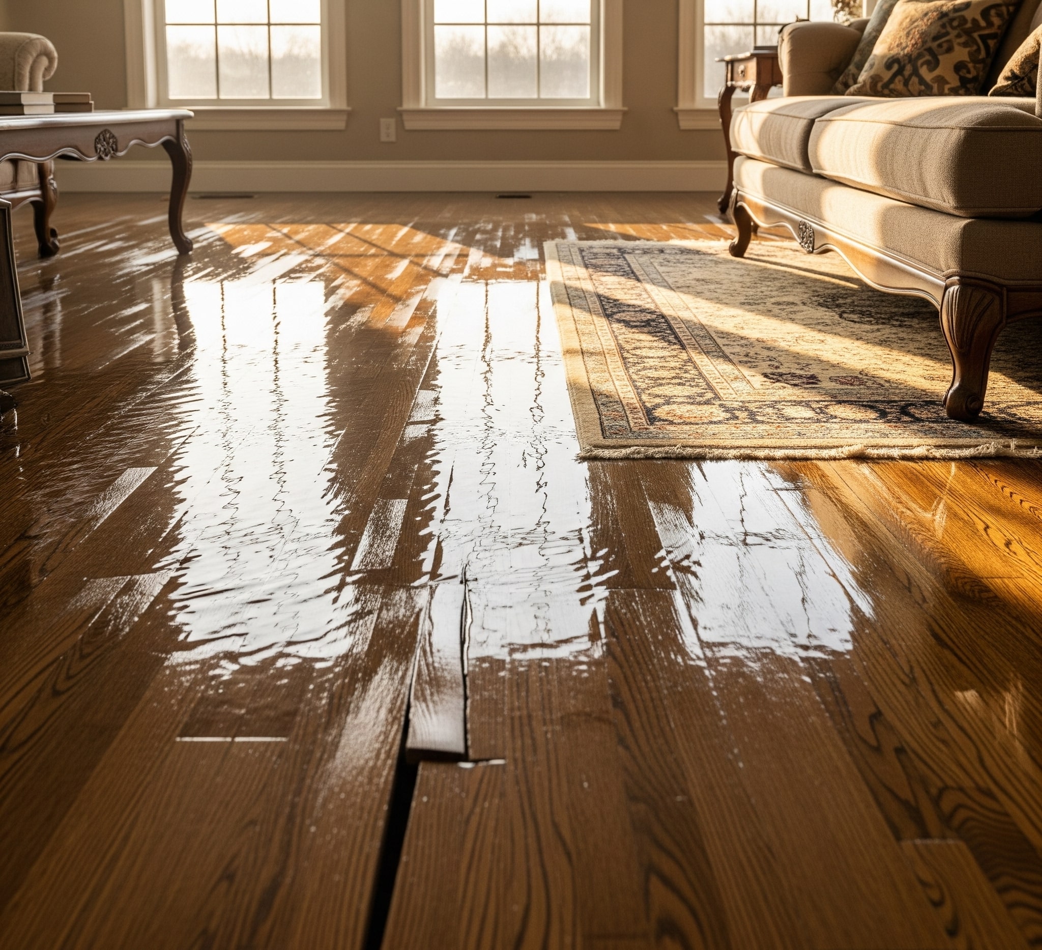 Hardwood floor cupping from water damage in a Dundee residence