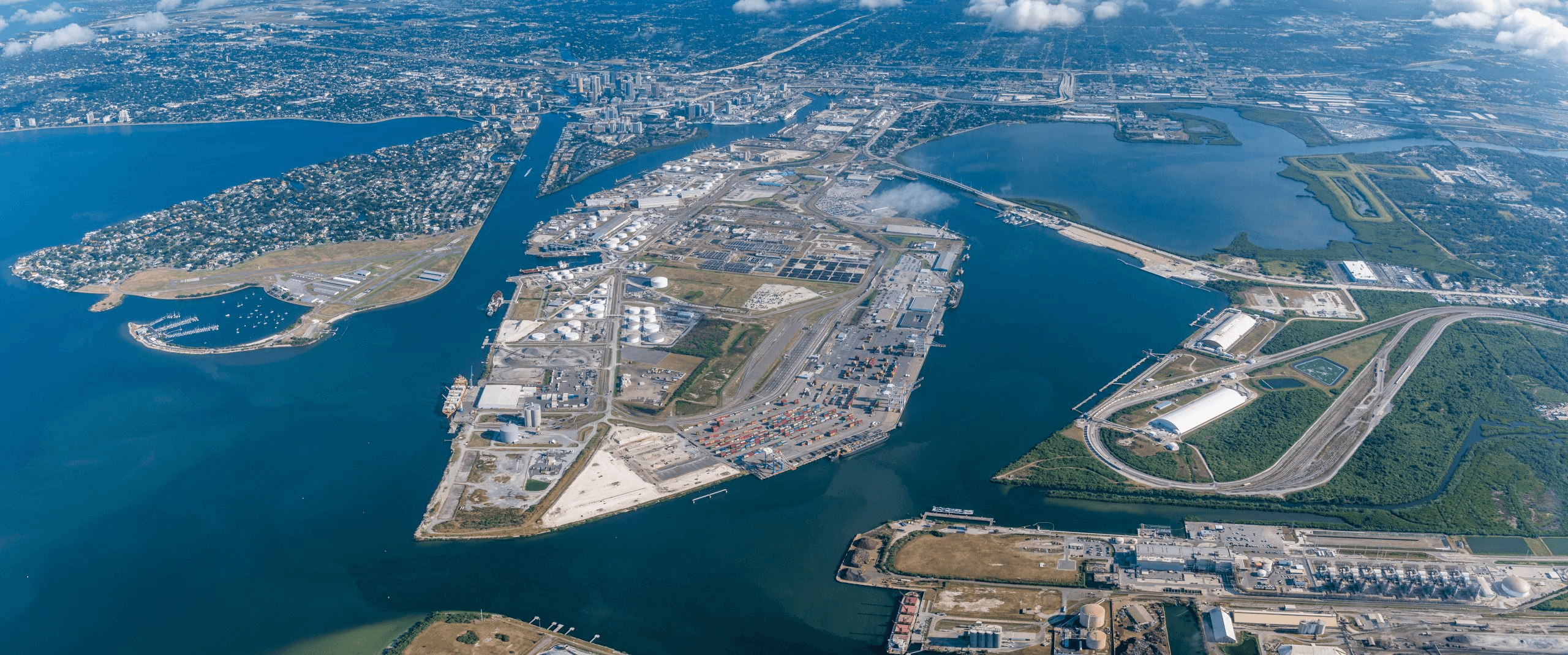 Aerial view of Port Tampa Bay shipping channel and port facilities
