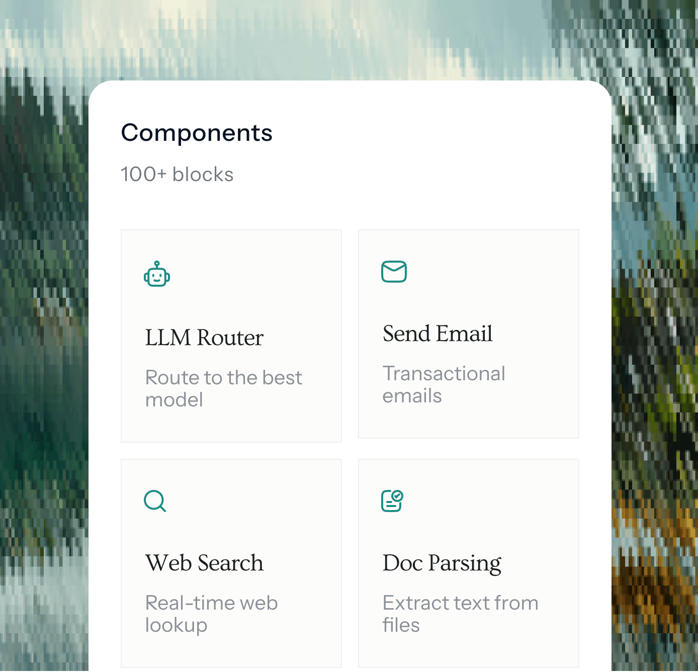 AI automation dashboard showing modular components like LLM routing, email, web search, and document parsing in a clean UI.