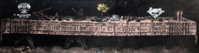 herd of sheep on road painting