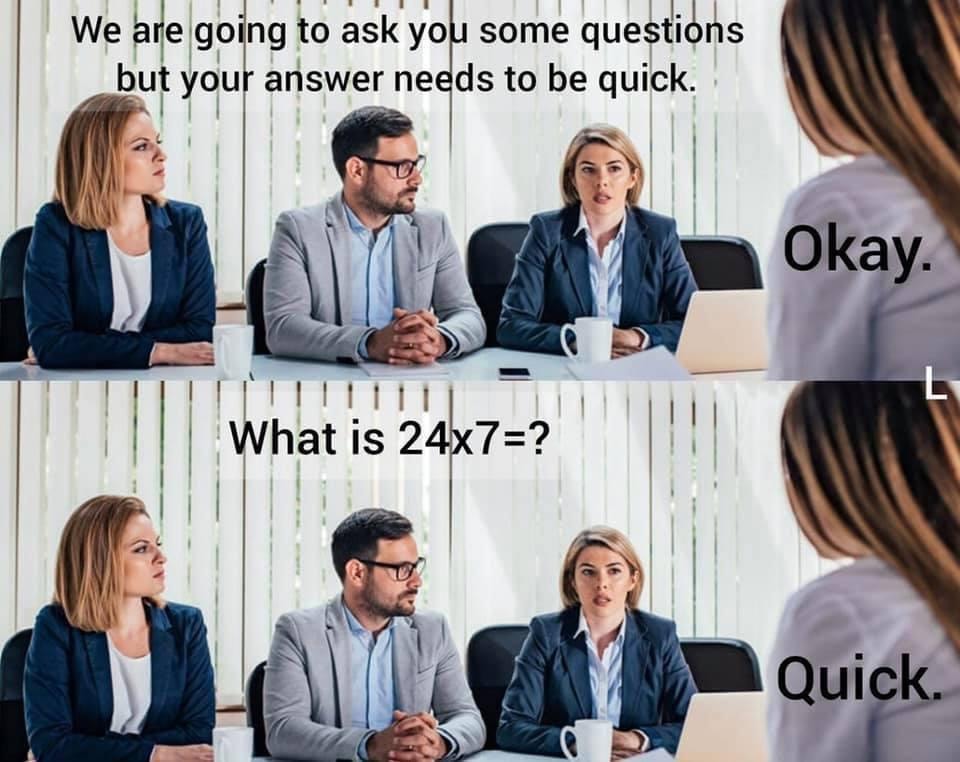 Meme humorously illustrating the unexpected and awkward moments that happen during job interviews.