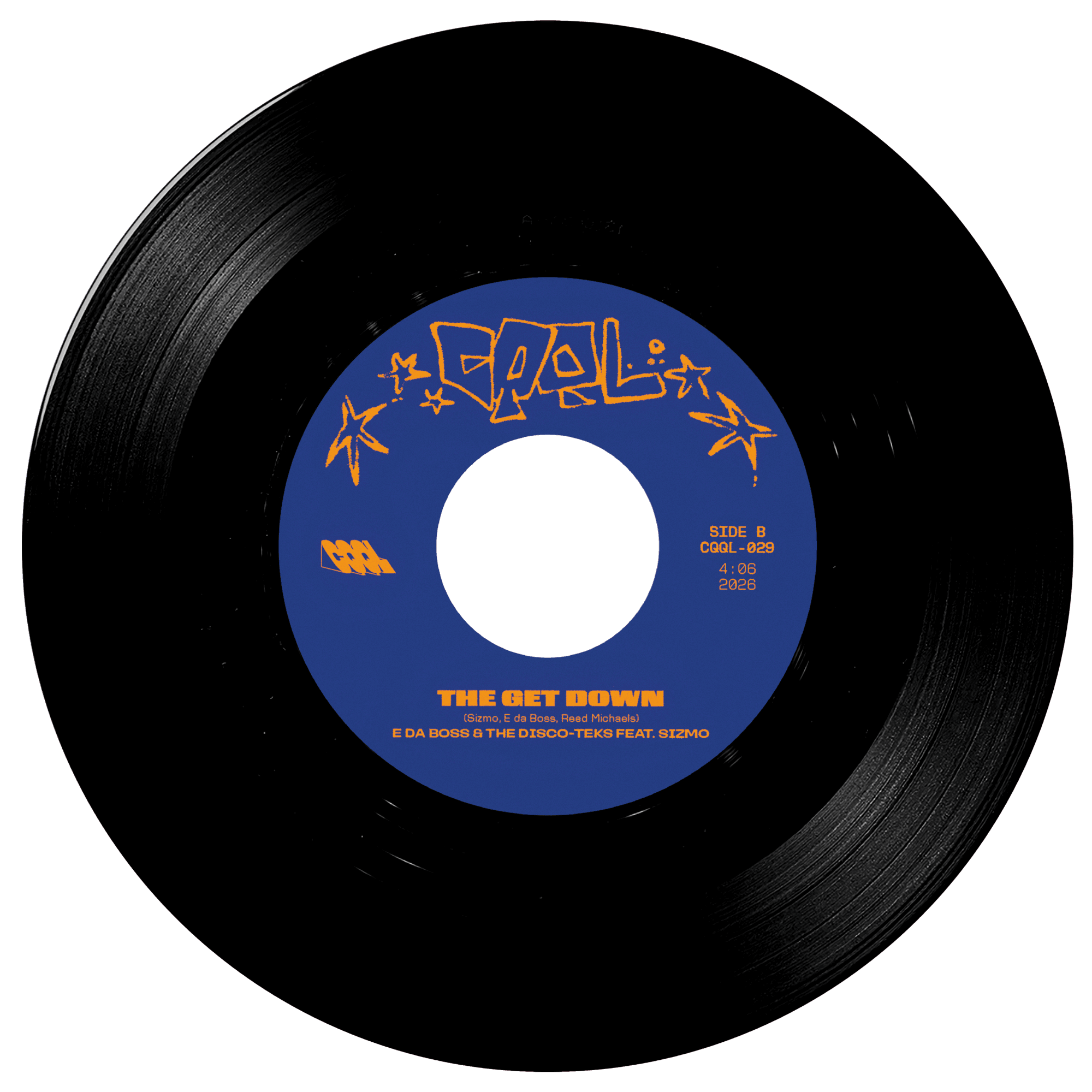 Black vinyl record with a blue label featuring text and graphics on a white background