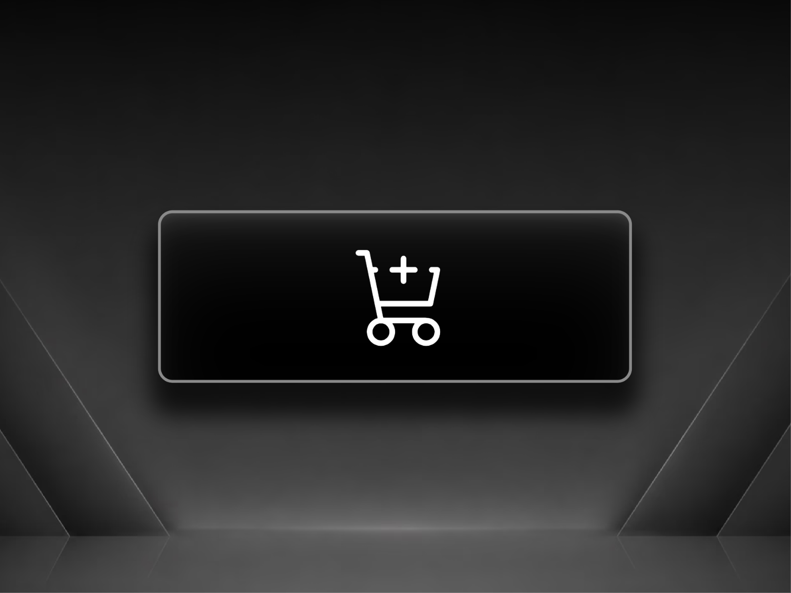Minimalist dark UI button with rounded corners and a subtle glow, featuring a white shopping cart icon with a plus sign in the center, suggesting an ‘add to cart’ or ‘add item’ action.
