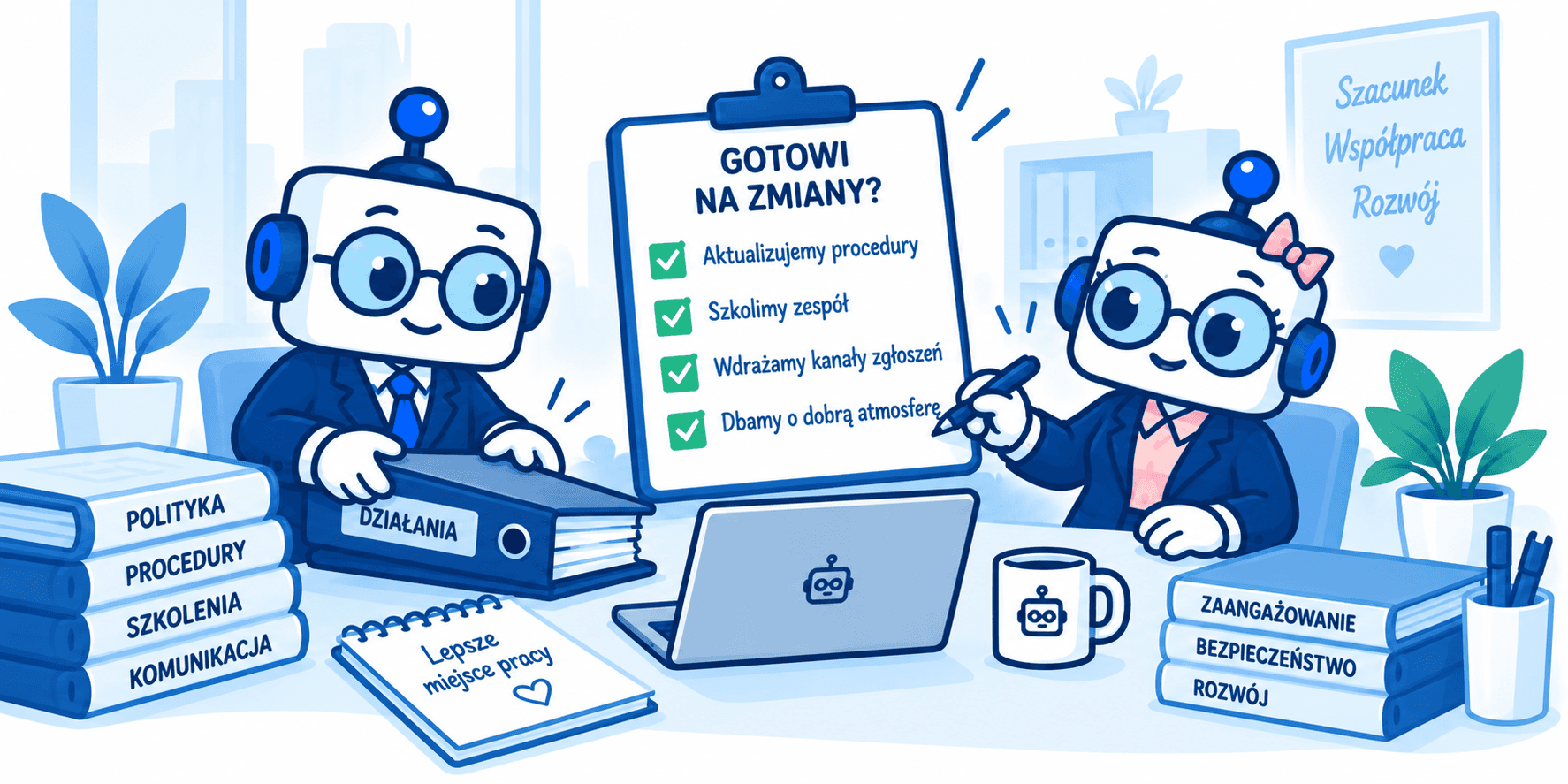 Pan i pani robot sprawdzają przygotowanie firmy do nowych obowiązków antymobbingowych.