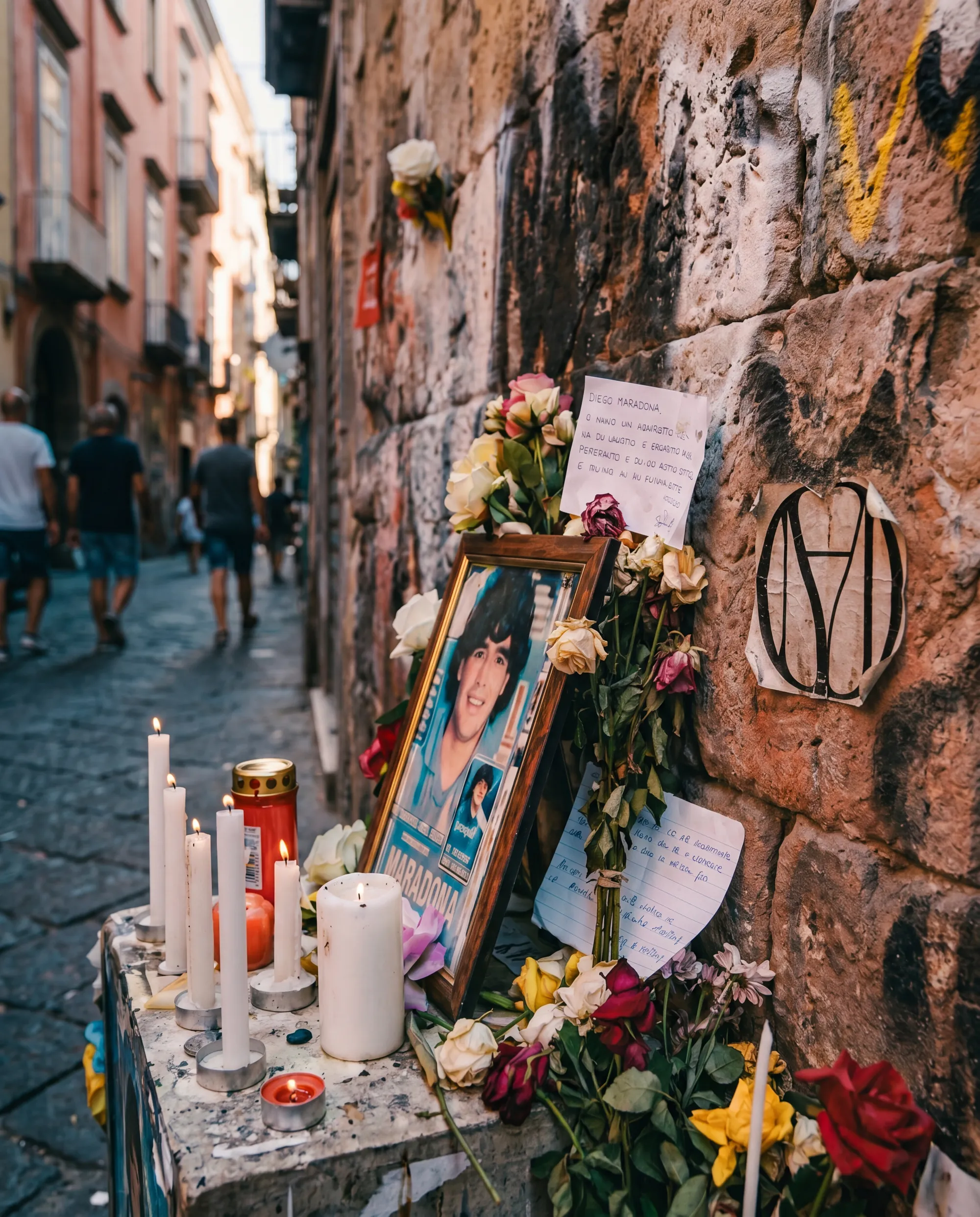 Street memorial shrine in Napoli with candles, flowers, a framed photograph of Diego Maradona, handwritten letters, and the Maradona Official sticker on a stone wall