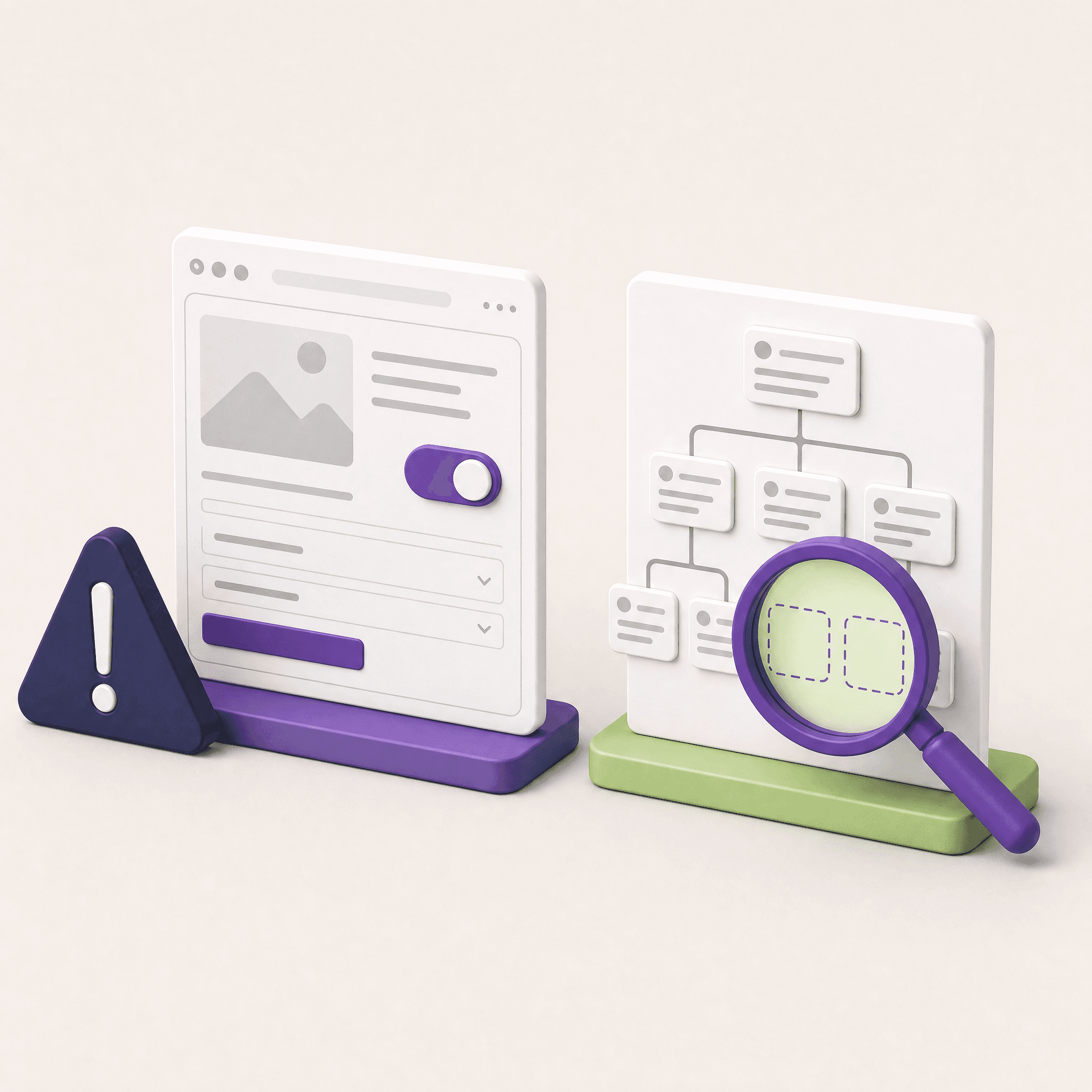 A website CMS card whose publish toggle switched on by itself, next to a navy warning triangle, beside a sitemap card with two empty dashed slots under a purple magnifying glass