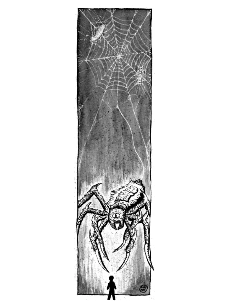 A drawing of a spider with his victims