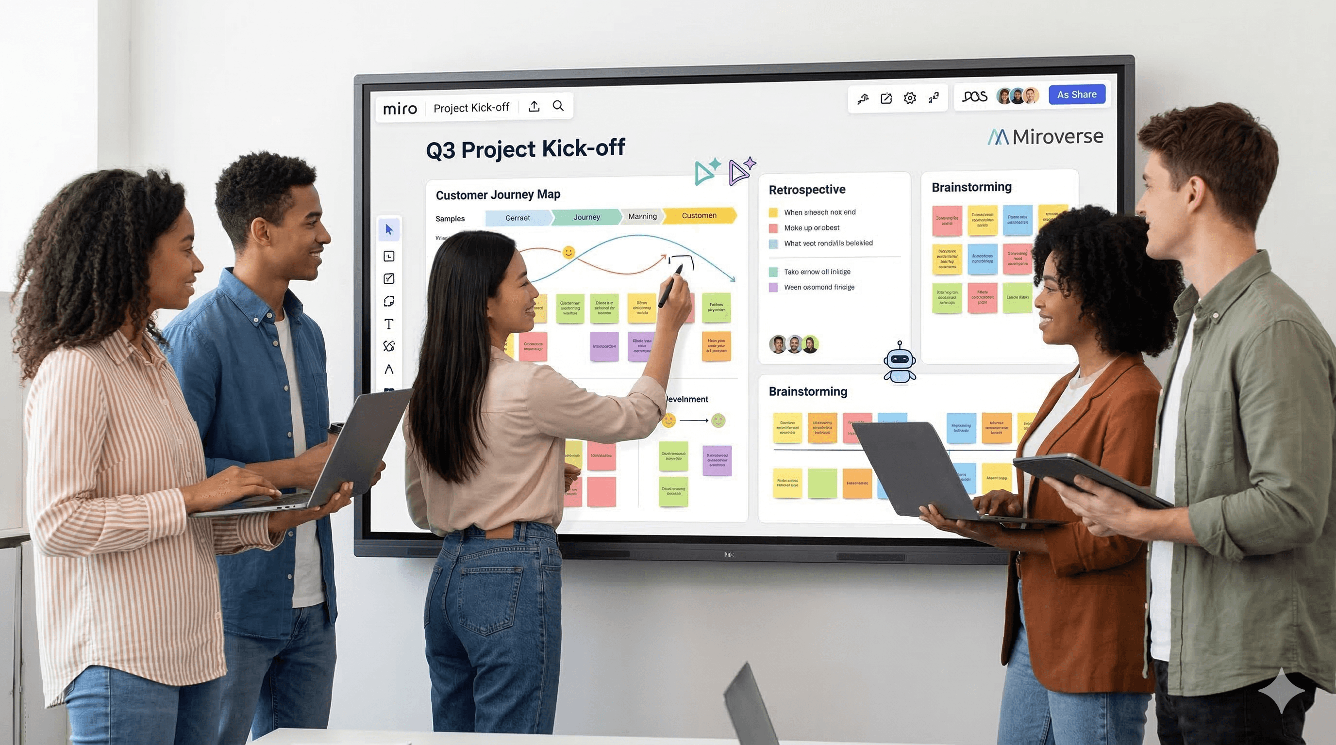 A diverse team collaborates and discusses in front of a digital interactive whiteboard displaying Q3 Project Kick-off templates, including a customer journey map, retrospective elements, and brainstorming sections, reflecting New Miroverse Templates (2026): Flows, Sidekicks & Wins.