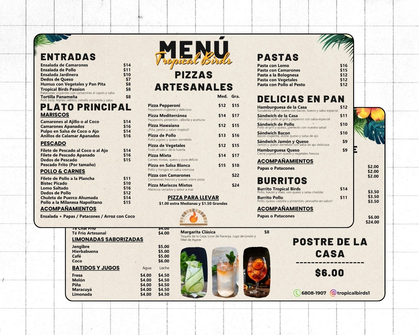 Diseño de menú personalizado para restaurante Tropical Birds en Isla Colón, Panamá – proyecto de diseño gráfico profesional